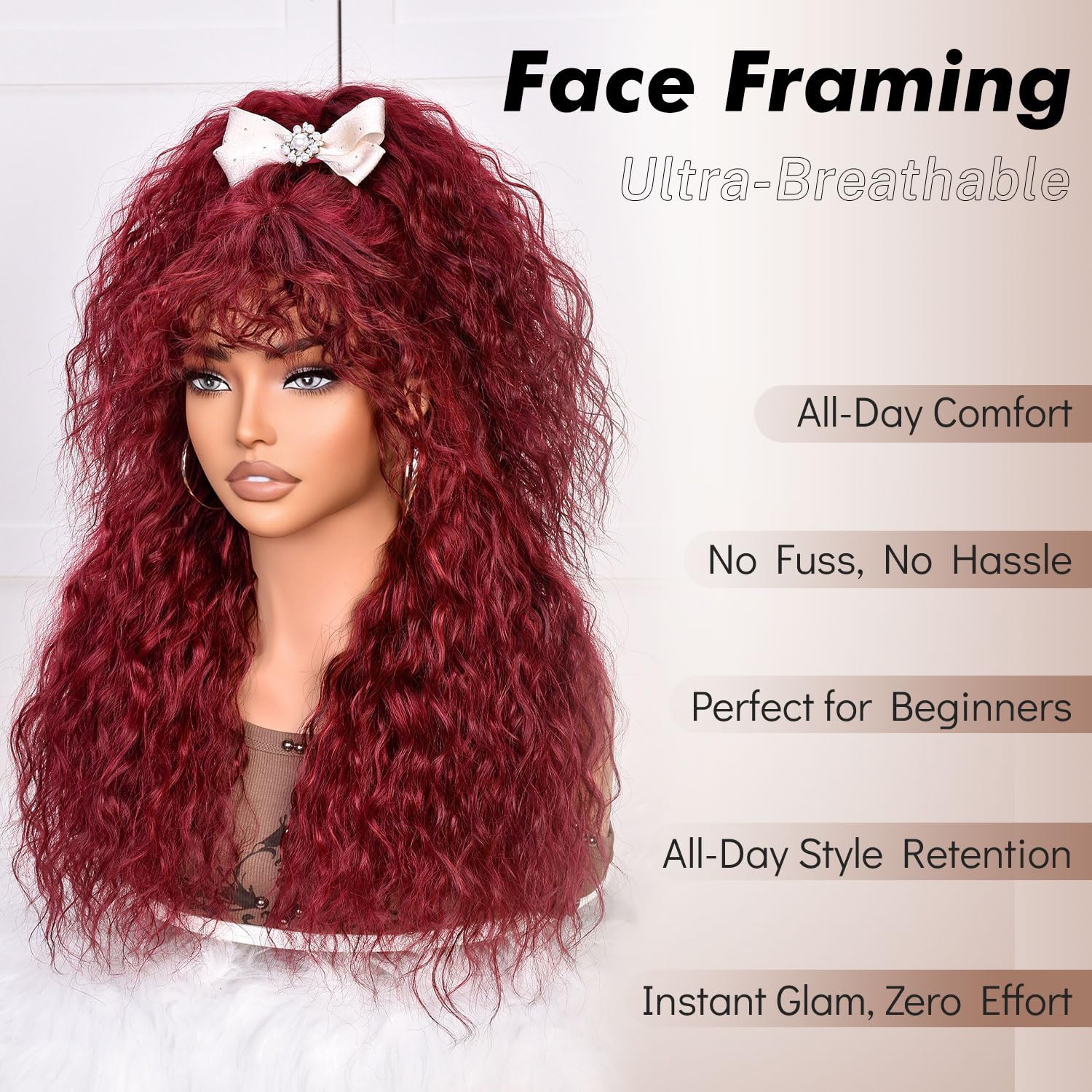 Lizzy 18Inch Curly Human Hair Wigs for Women with Bangs Bouncy Natural Curly Wig 180% Density Long Kinky Curly Hair for Daily Use (Burgundy) - Image 3