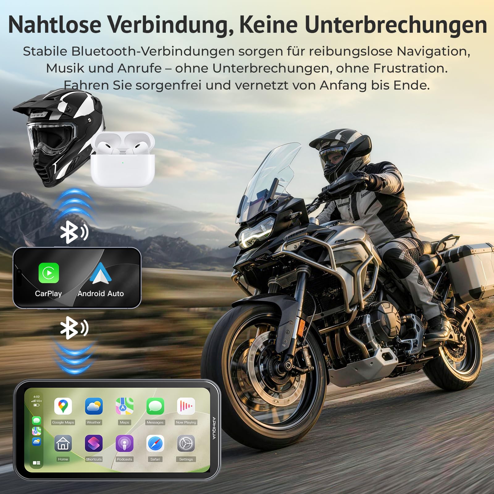 Motorrad CarPlay Display 6.25 Zoll, IP67 Wasserdicht, TPMS, USB/Acc | kabelloses CarPlay und Android Auto, (TPMS), Dual-Bluetooth, GPS, USB/Acc-Stromversorgung