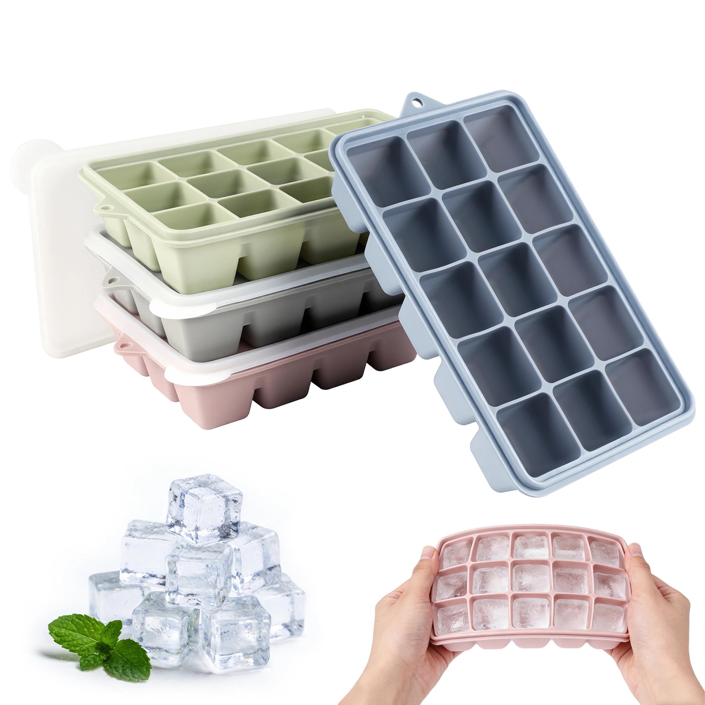 4 Pack Ice Cube Tray with Lid, 15 Square Silicone Ice Cubes Moulds for Whiskey, Cocktail, Drinks, Coffee&Reusable, Easy Release