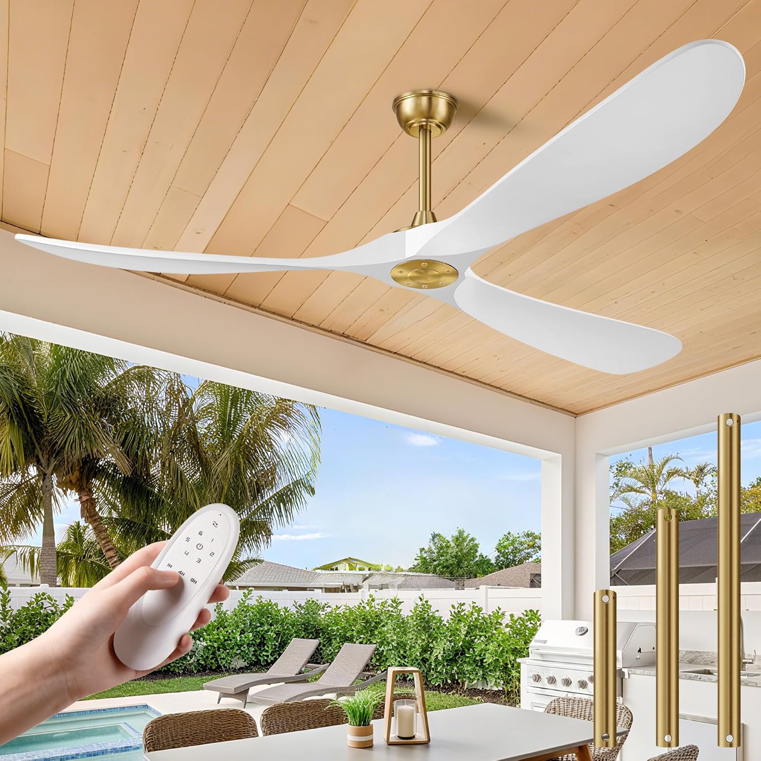 Haipeel 72 Inch Ceiling Fans without Lights, Wood Large Ceiling Fan no Light and Remote Control, Modern Indoor Outdoor Ceiling Fan no Light 3 Blade Propeller for Patios Garage High cfm, White Gold White Gold 72 INCH
