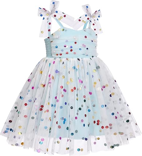 Miniatura 4 de ODASDO Vestido de fiesta de cumpleaños para niñas pequeñas, con lazo, tirantes delgados, tutú de tul, vestido de princesa, concurso de fiesta,