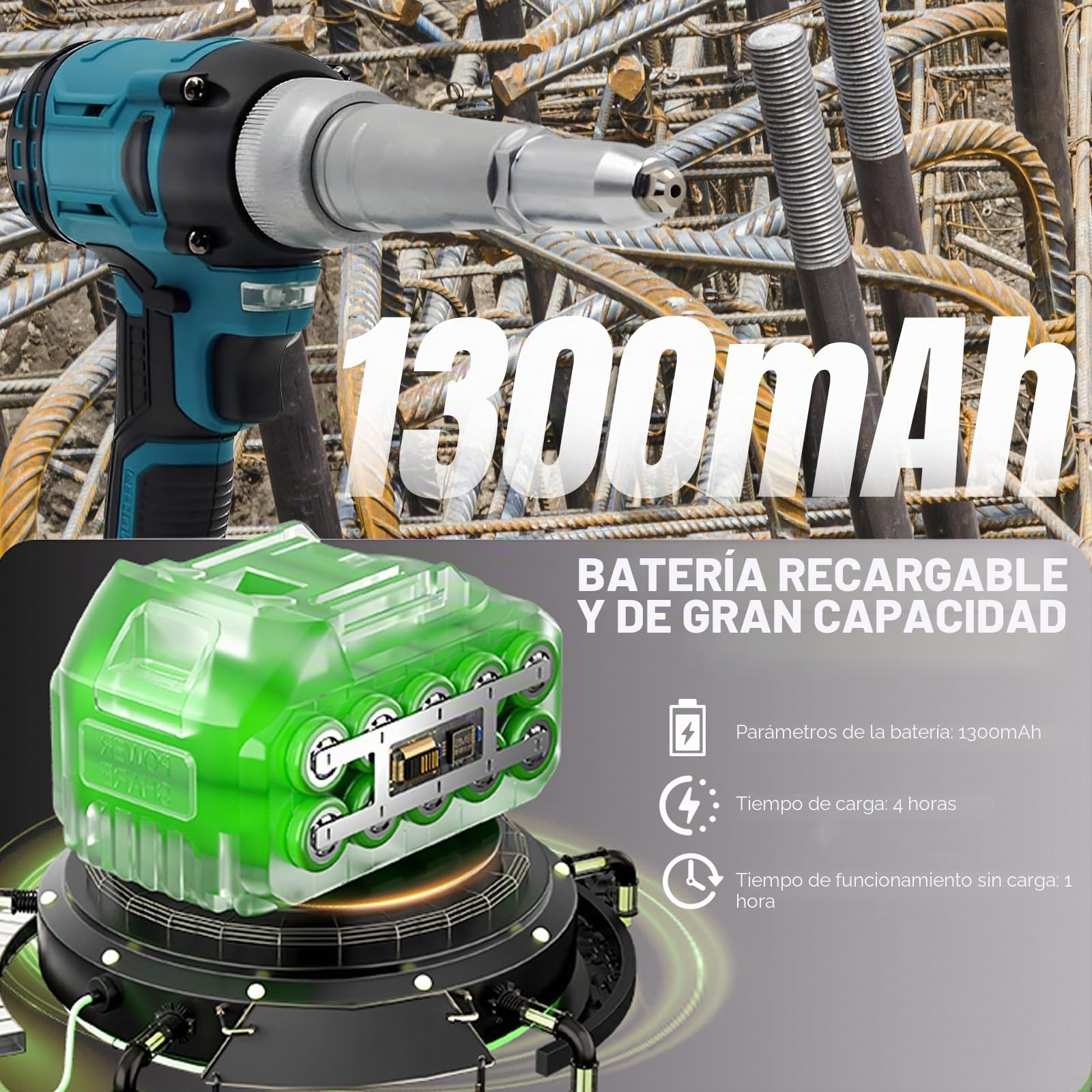 Remachadora Batería 21V, Remachadora Eléctrica Automática Brushless 20.000N con 2 Baterías 1300mAh para Remaches 2,4-5,0mm, para Reparación de Automóviles y Bricolaje