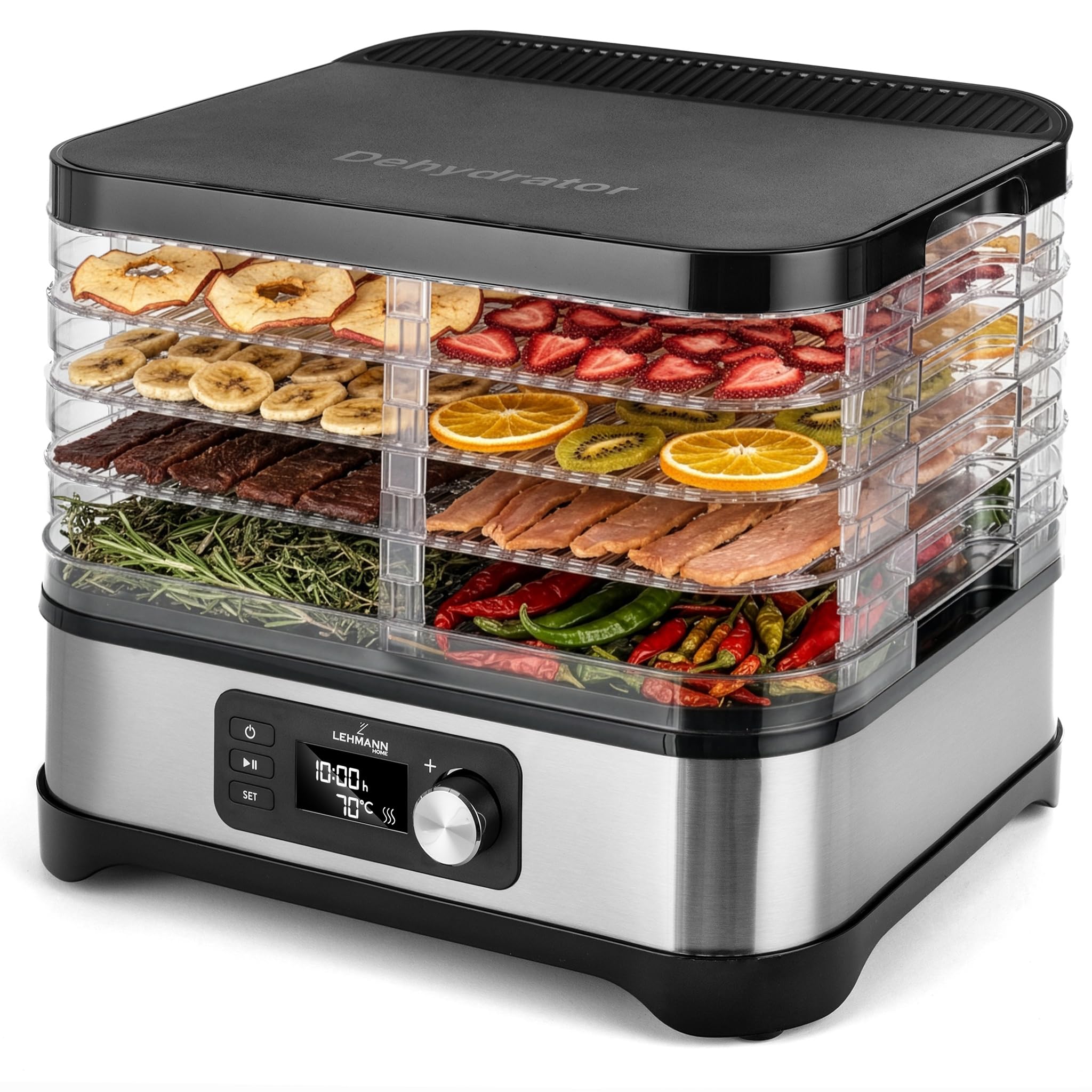 LEHMANN Déshydrateur Alimentaire en Acier Inoxydable, 450 W, 5 Plateaux Réglables en Hauteur, Température Réglable 35-70°C, Minuterie 24 h, sans BPA, pour Champignons, Fruits, Légumes