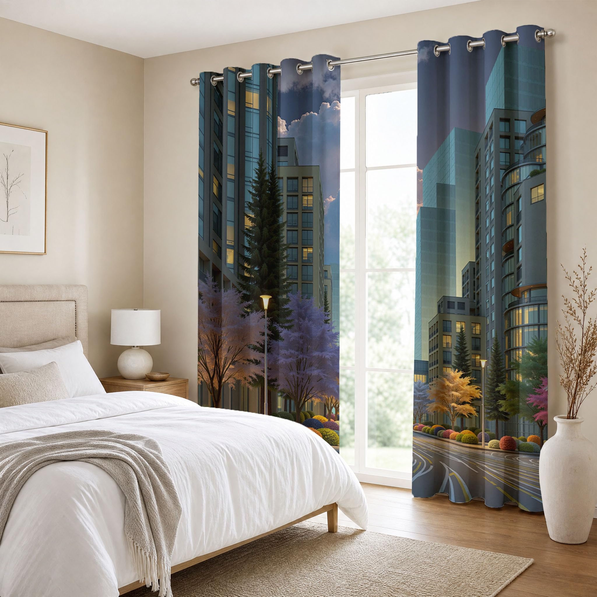 Tende Oscuranti, Scena Urbana Di Strada Tenda Termica con Anelli Finestra Della Stanza a Grattacieli Della Città Dei Sogni per Cameretta dei Bambini, Sala Giochi - 2 Pannelli 117x137cm