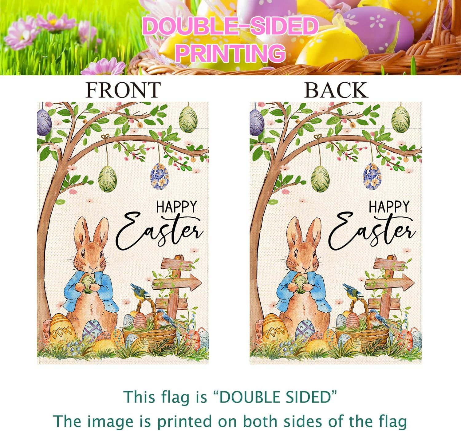 Baccessor Bunny Easter Garden Flag Eggs Floral 12.5 x 18 Inch Small Easter Yard Flag for Outside Double Sided Burlap Spring Holiday Outdoor Decoration - Image 6