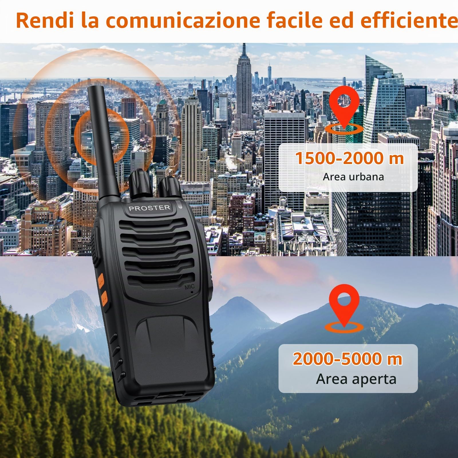 Proster Walkie Talkie Ricaricabili PMR446 Senza Licenza, Set da 3 Ricetrasmittenti Portatili a 16 Canali con VOX Mani Libere, Auricolari e Torcia LED per Lavoro, Softair, Outdoor e Famiglia