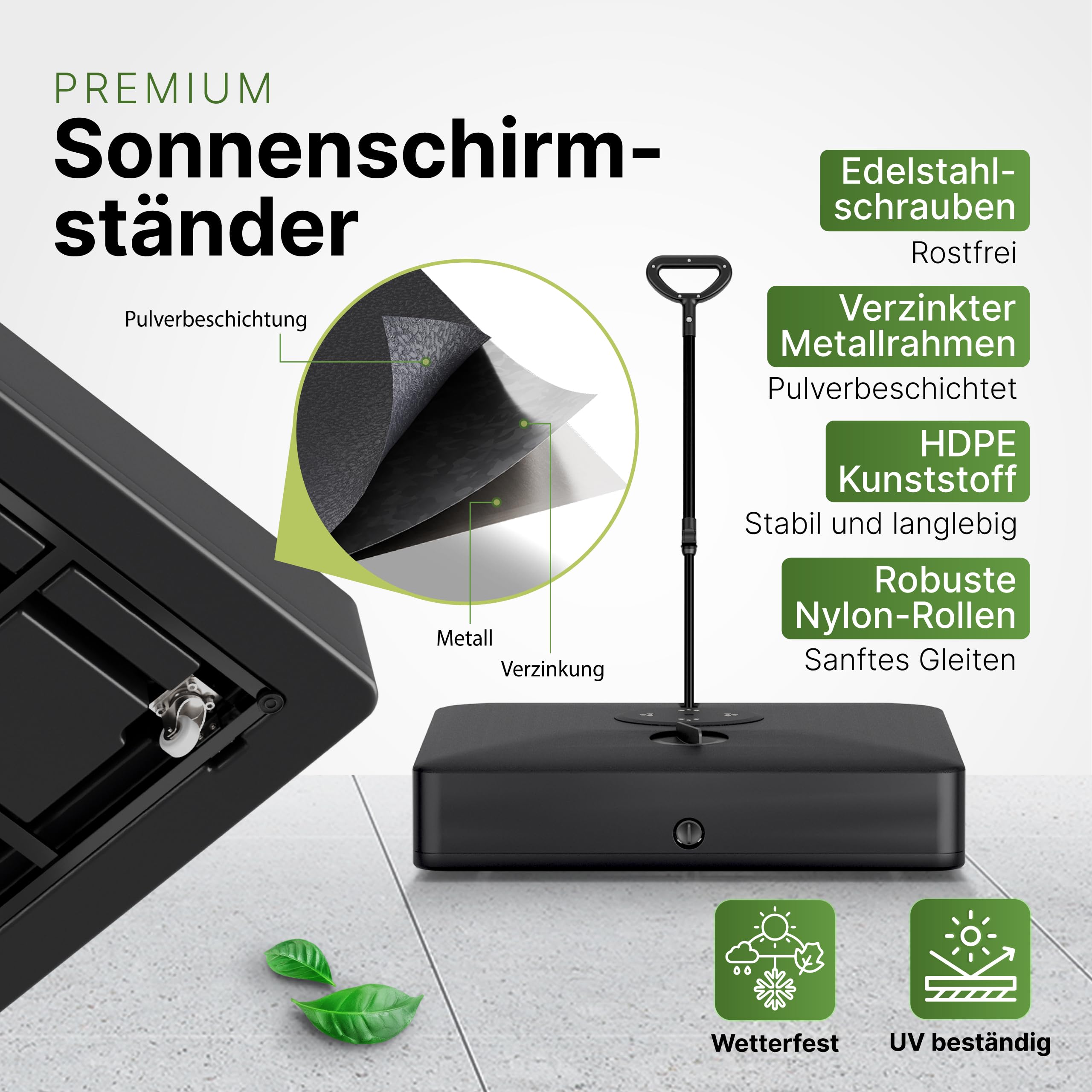 Gartenzeit® Sonnenschirmständer, befüllbar, rollbar, 162kg, Maße 84x84x21cm, Patent, Sonnenschirmständer mit Rollen für große Ampelschirme u. Sonnenschirme, fahrbar, mobil