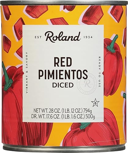 Roland Pimientos rojos picados en cubitos, alimentos importados especiales, lata de 28 onzas (6 unidades) – El embalaje puede variar