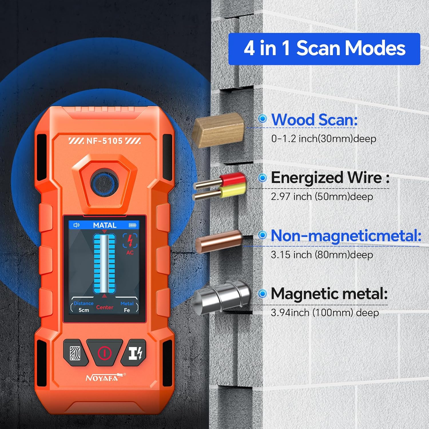 NOYAFA Stud Finder Wall Scanner - 6 in 1 Rechargeable Electronic Wall Detector with HD LCD Display and Audio Alarm,Positioning Hole for Accurate Positioning of Wood,Metal Studs, AC Wires,Joists,Pipes