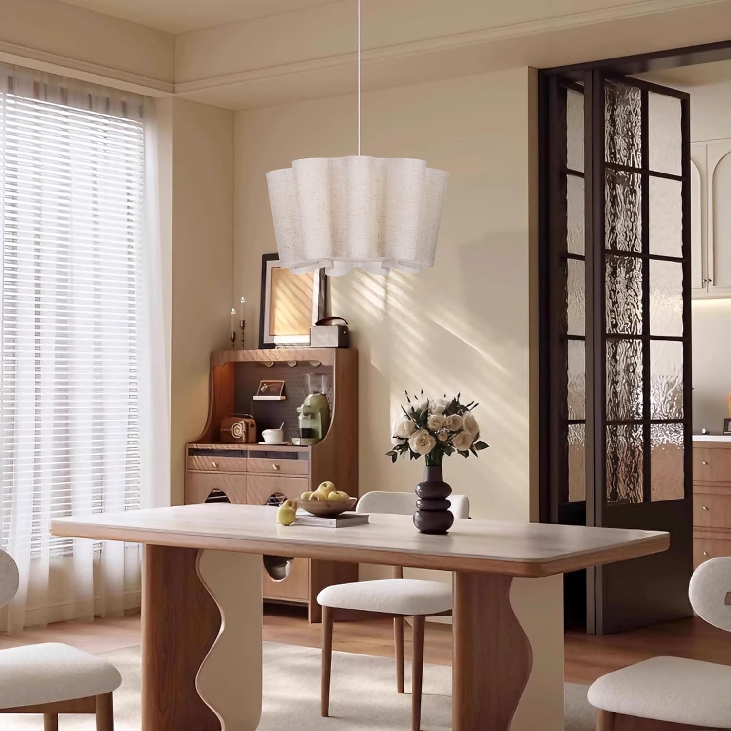 Littleglovo 15.7" Pendant Lights Kitchen Island, 1-Light Linen Petal Lampshade Dining Room Light Fixture Modern Chandeliers Hanging Pendant Lighting for Bedroom Nursery Living Room Foyer Entryway