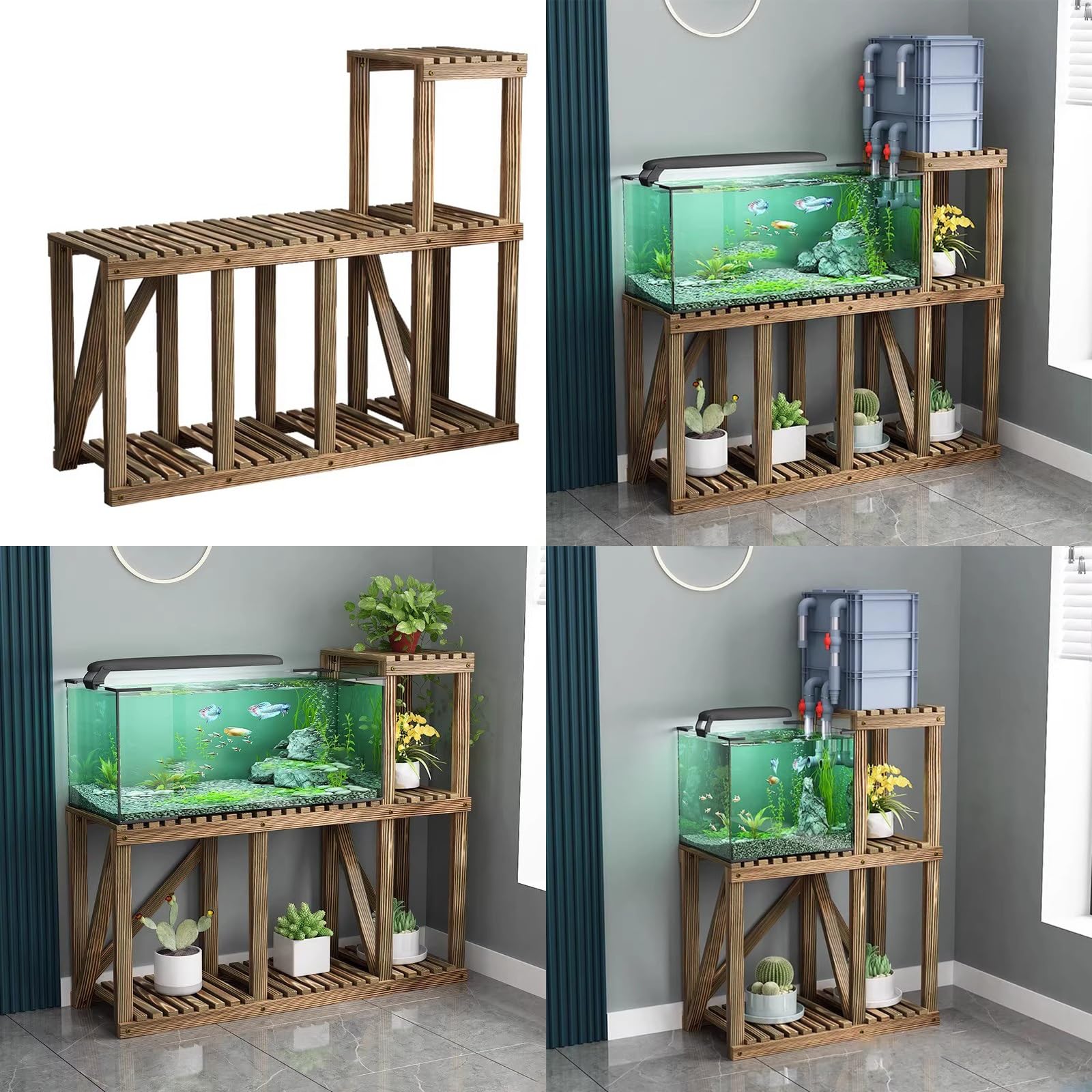 Support pour Aquarium en Bois Massif, Robuste Et Résistant, avec Rangement à Plusieurs Niveaux, en Pin Carbonisé, étanche Et Résistant à Lhumidité, Idéal pour Un 70cm/27.6in