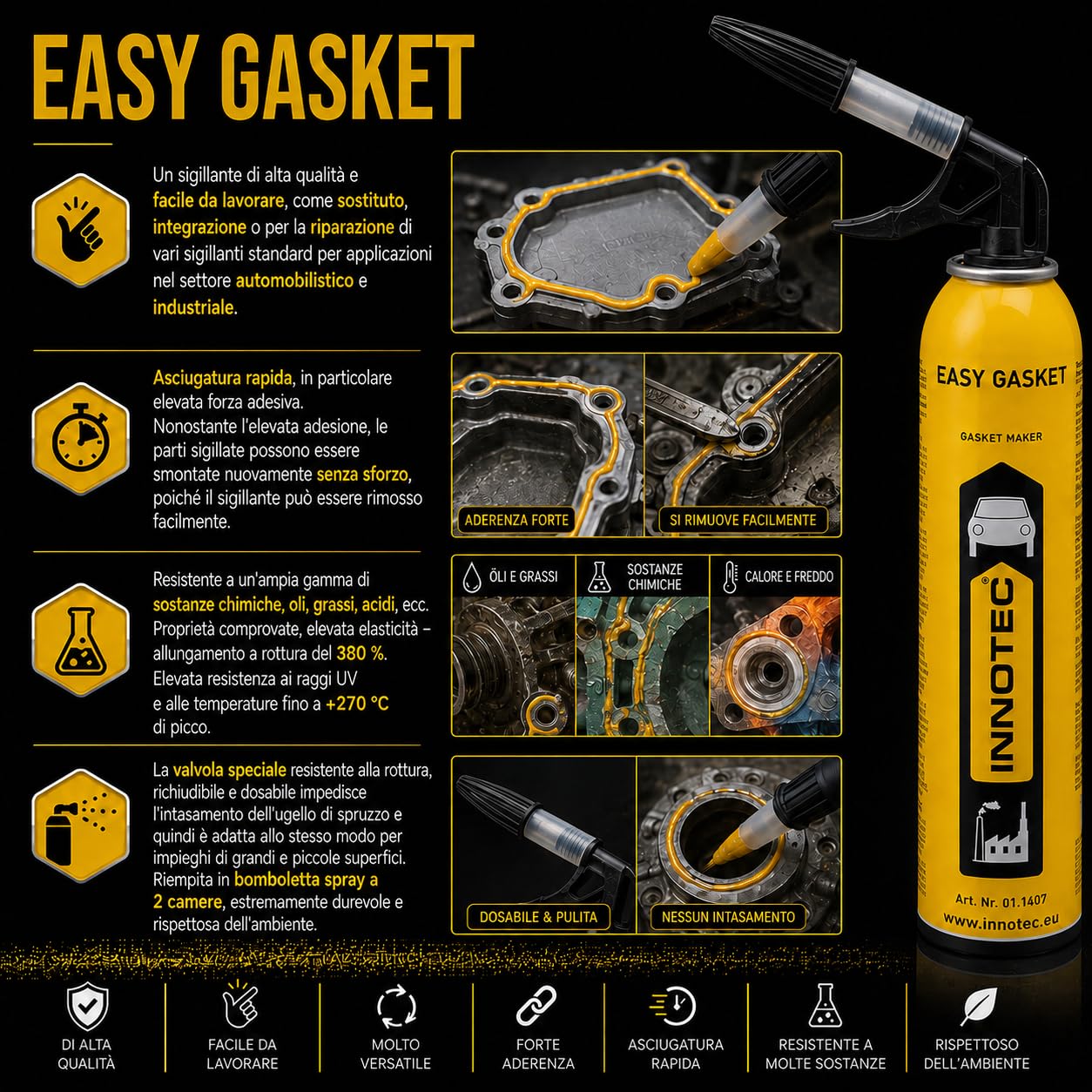 Innotec Sigillante motore Easy Gasket – Sigillante, guarnizione testa cilindrica, guarnizione per vasca d'olio, nero ad alta temperatura, guarnizione liquida – ingranaggi motore guarnizione coppa olio