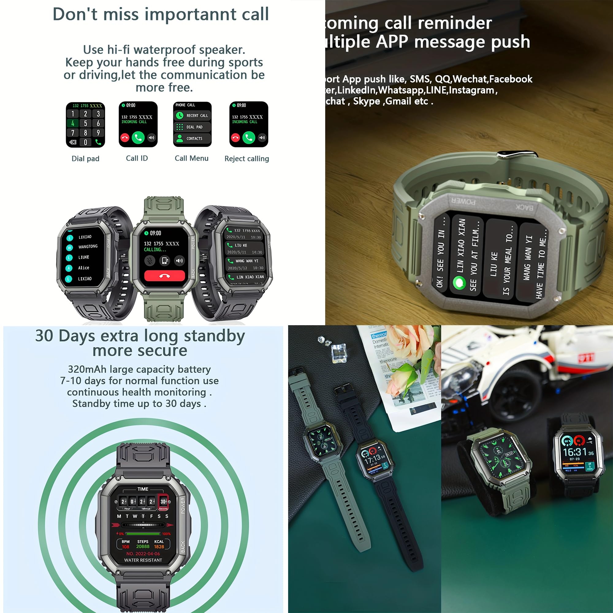 1,8" AMOLED Reloj Inteligente Hombre con Llamada y Whatsapp,Batería de 320 mah, 5ATM Impermeable Reloj Smartwatch 123 Deportivo Hombre con Monitor Sueño, Pulsómetro Android iOS (Camuflaje verde)