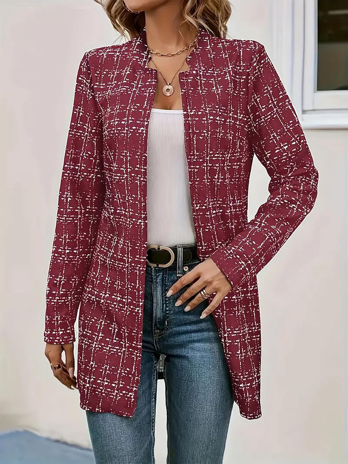utcoco Women's Elegant Plaid Open Front Blazer Slim Long Sleeve Thigh Length Tweed Cardigan Jacket