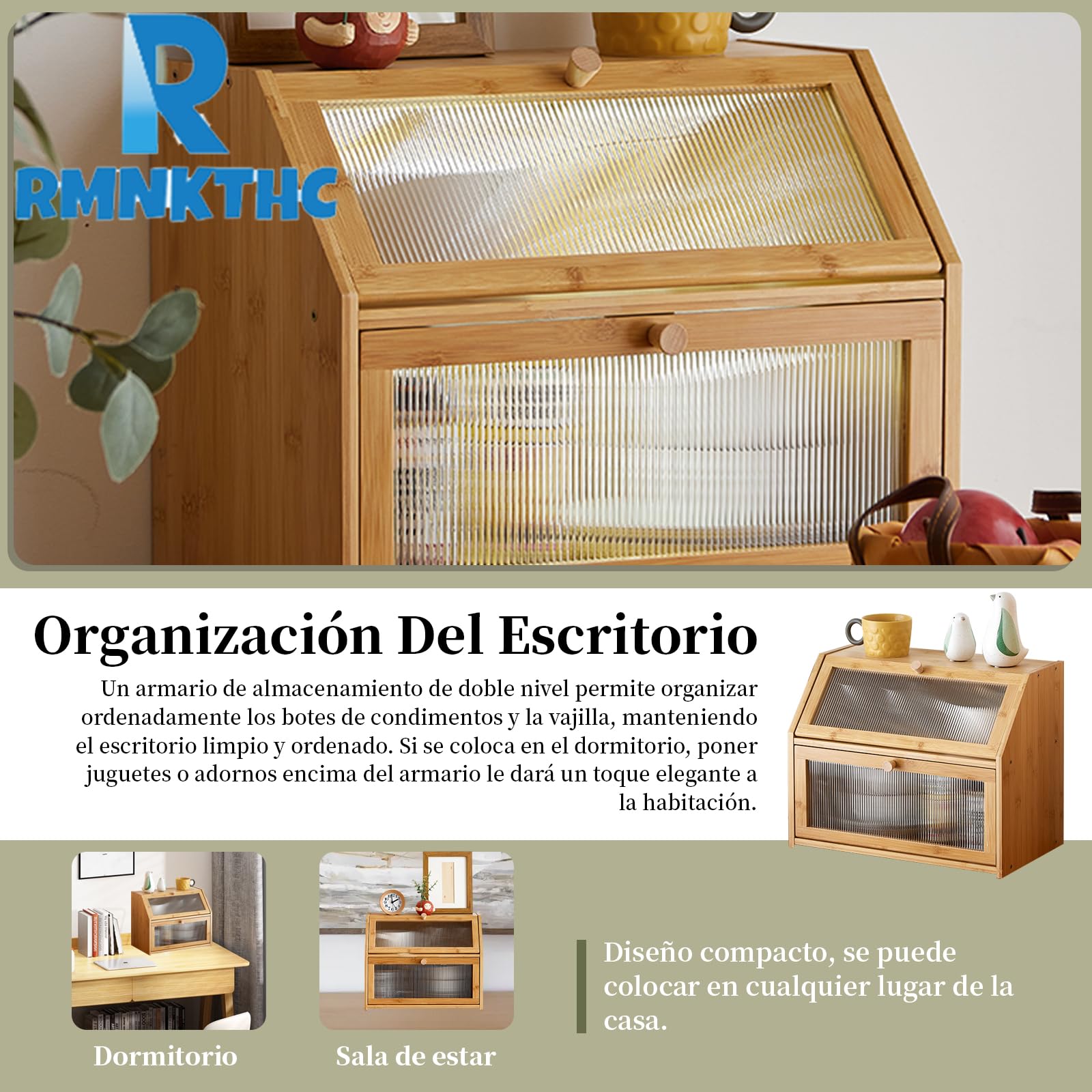 Panera de bambú de 2 Niveles – Recipiente para Pan con Puerta de acrílico y diseño de Escalera, Especias y Accesorios de Cocina, Caja de Almacenamiento ahorradora de Espacio para Cocina