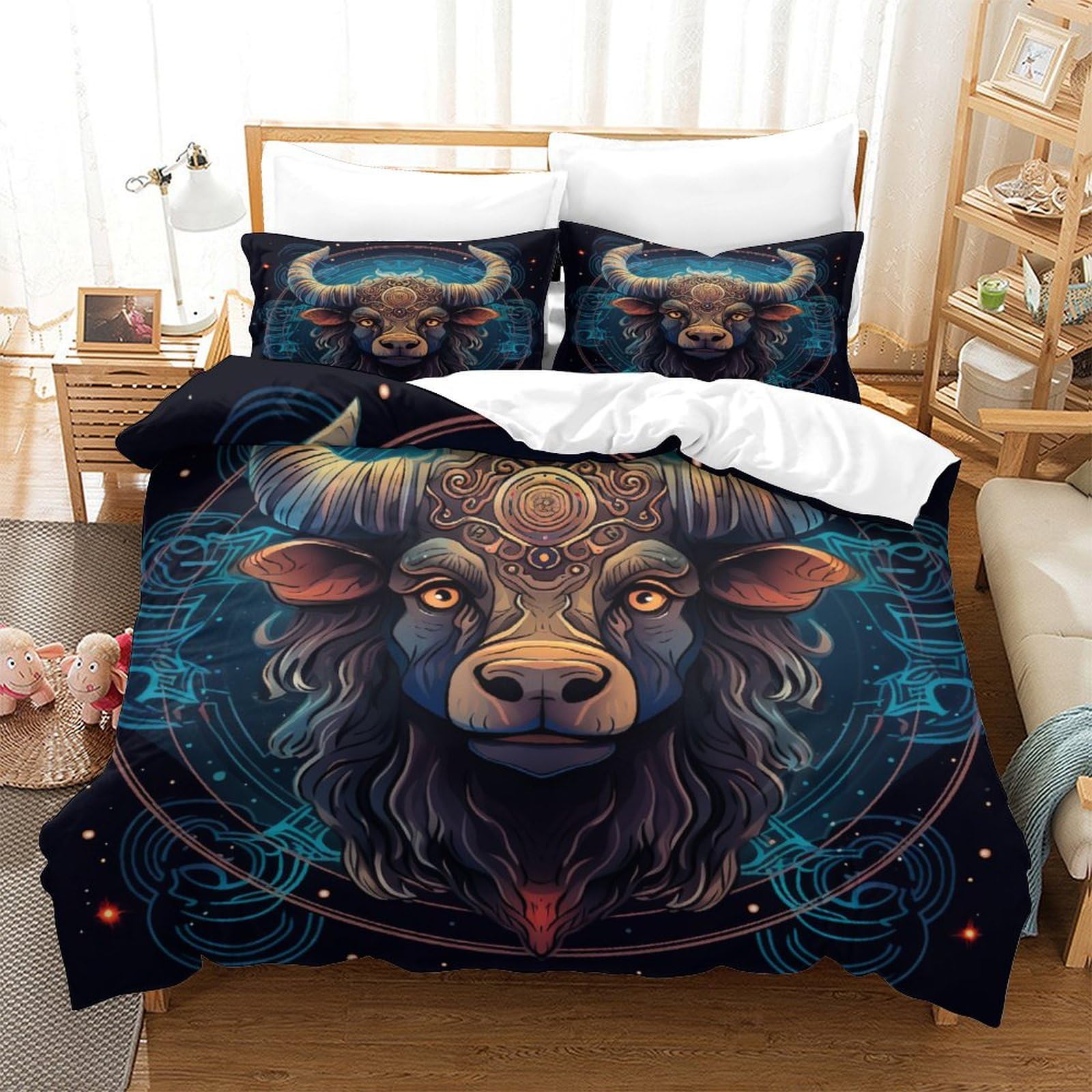 P1S9U7W5Y Mystic Bull 3D Printed Duvet Cover Set 3 Pieces Microfiber Bedding Set for Adult Bedroom Decor Breathable Soft Gift Super king（260x220cm）
