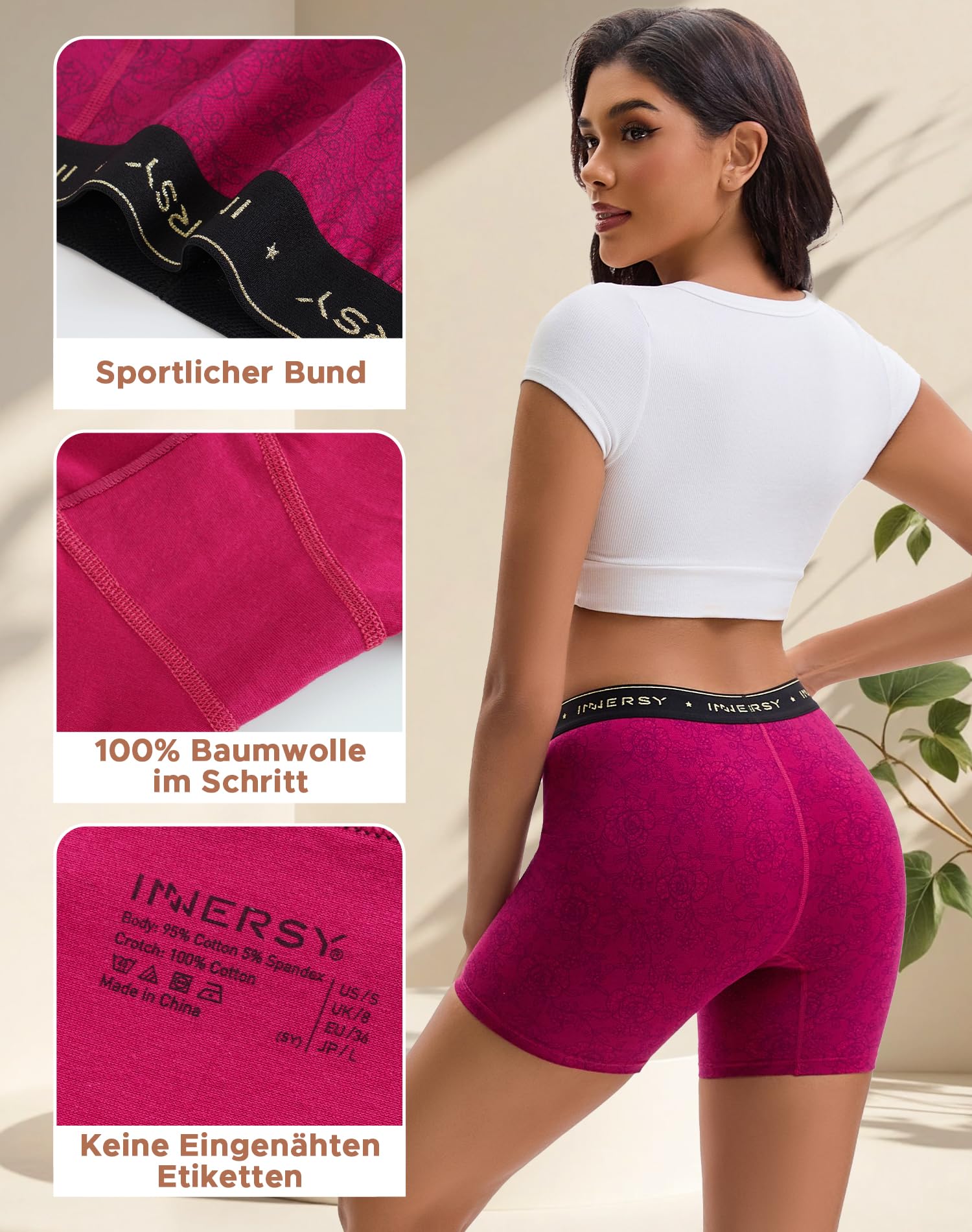 INNERSY Mutande Boxer Donna Cotone Elasticizzato Culotte Pantaloncino Vita Media Intimo Pacco da 3