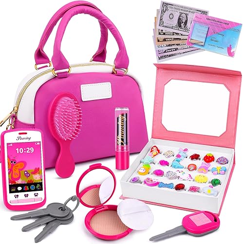 GJZZ Bolso para niñas pequeñas con accesorios y juguetes de maquillaje para niñas de 3, 4, 5, 6, 7 años, 24 anillos de joyas en caja, mi primer