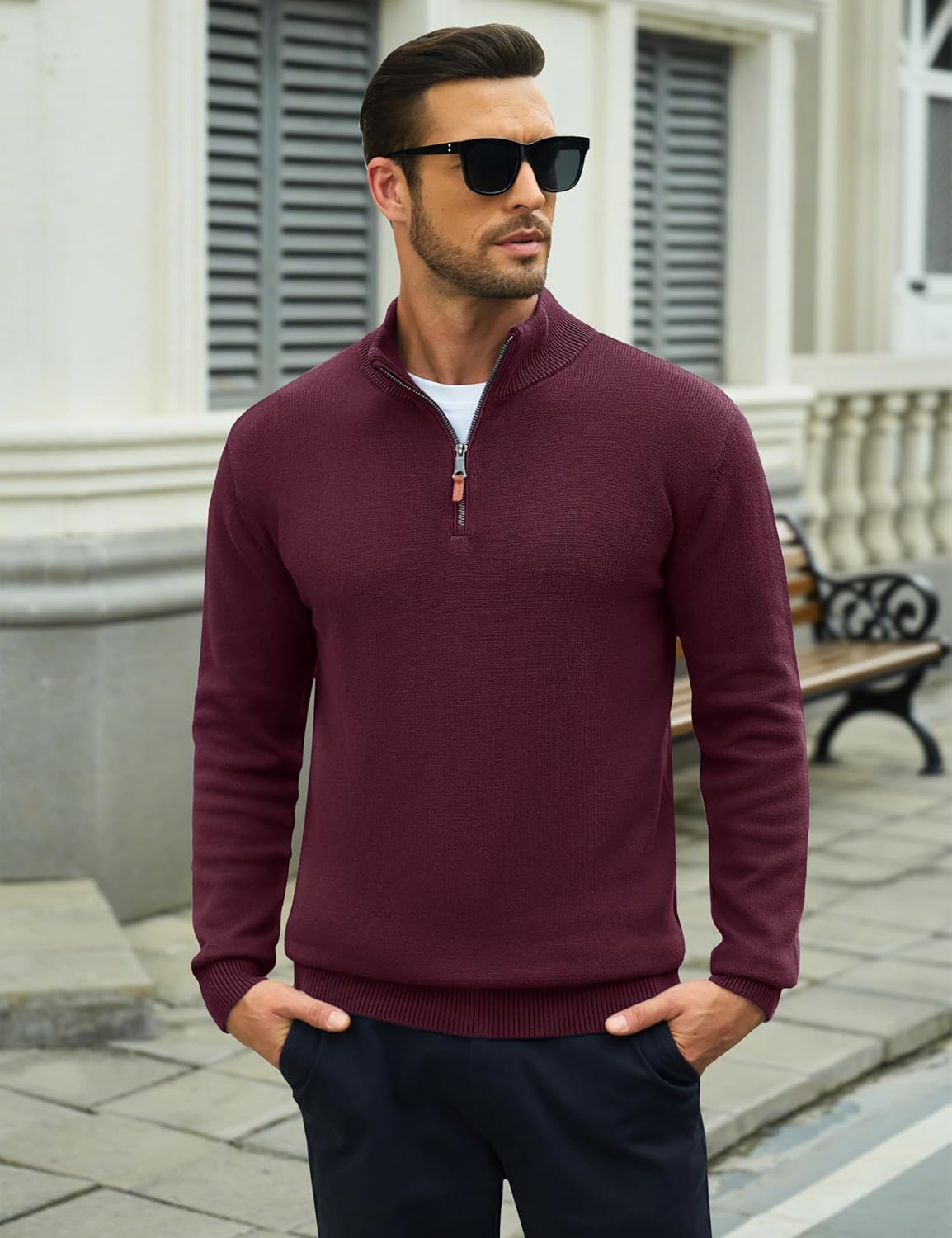 MAGCOMSEN Men's Quarter Zip Pullover Lightweight Mock Neck Polo Sweater Long Sleeve Warm Fall Winter Pullover Sweaters - Image 2