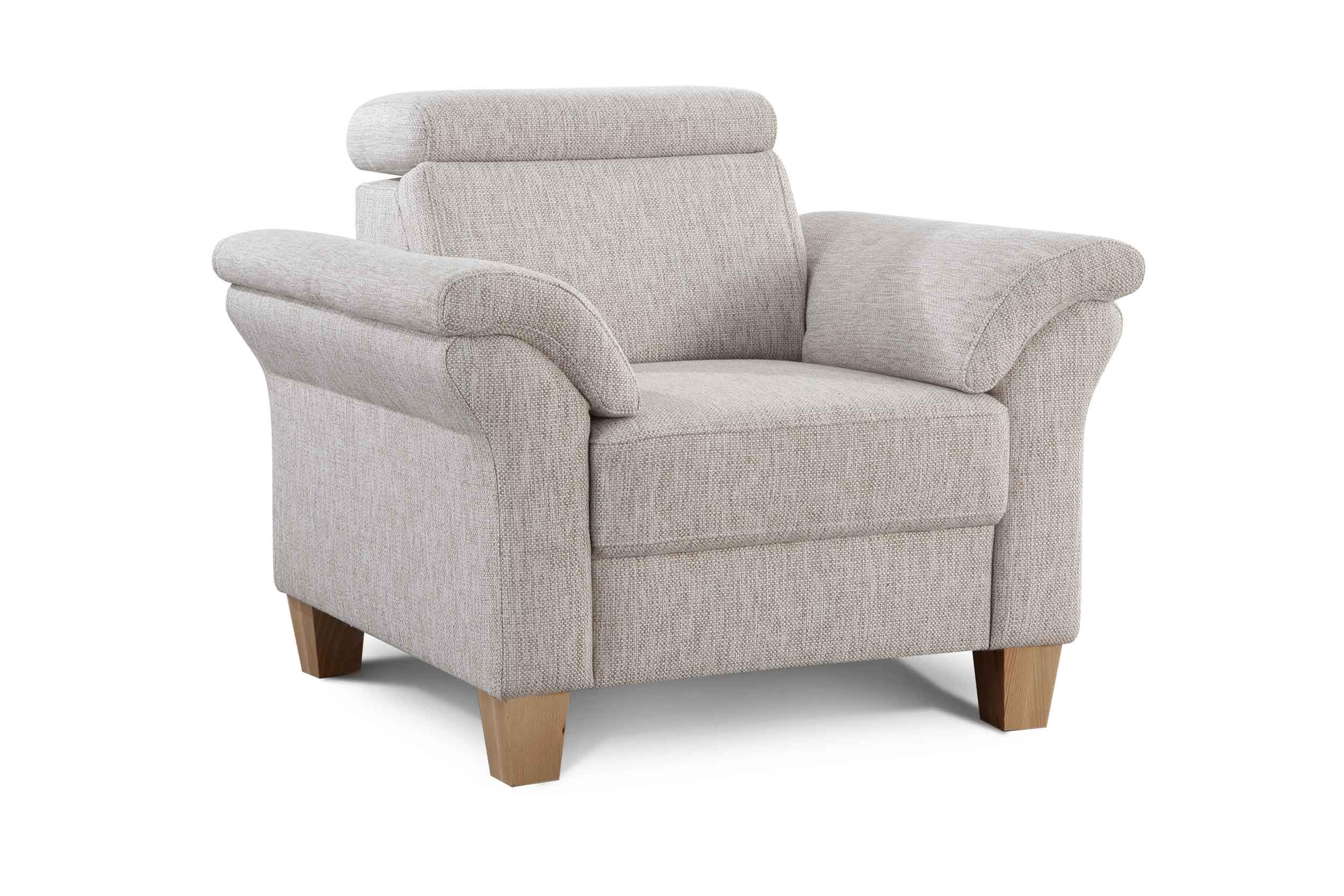 Cavadore Sessel Ammerland inkl. Federkern und Kopfteilverstellung / Großer Polstersessel im Landhausstil / Passend zur Sofagarnitur Ammerland / 101 x 84 x 93 / Strukturstoff natur