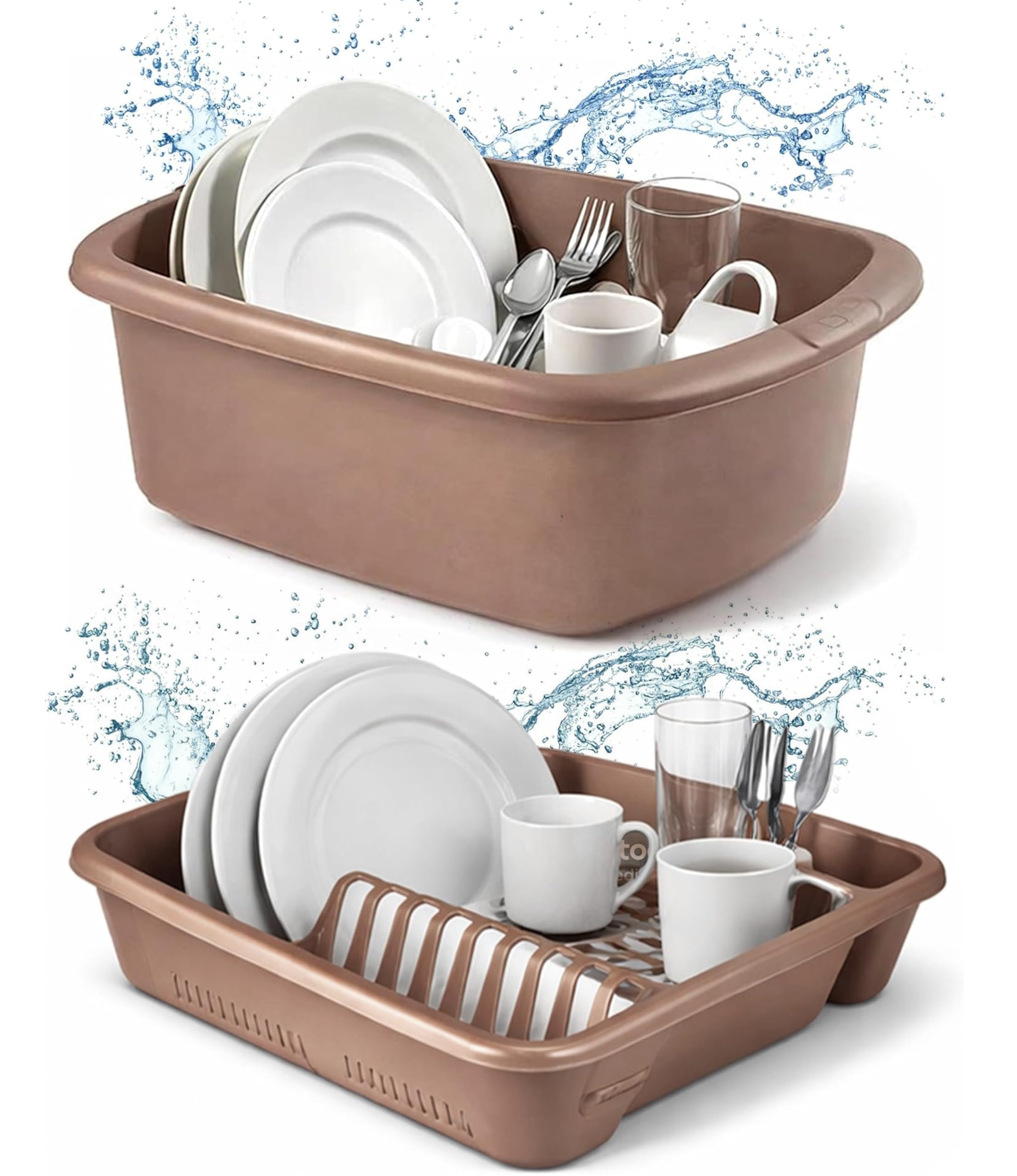 Ploutos World Wide Washing Up Bowl Set of 2 – Plastic Rectangular Plastic Sink Bowl with Dish Drainer, Kitchen Washing Basin, Sink Organiser for Plates, Cups & Cutlery (Gold)
