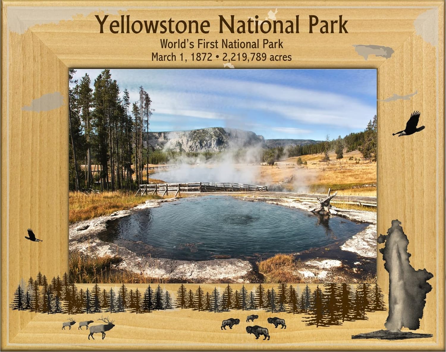 Saddle Mountain Souvenir Yellowstone National Park with Geyser Laser Engraved Wood Picture Frame Landscape (5 x 7)