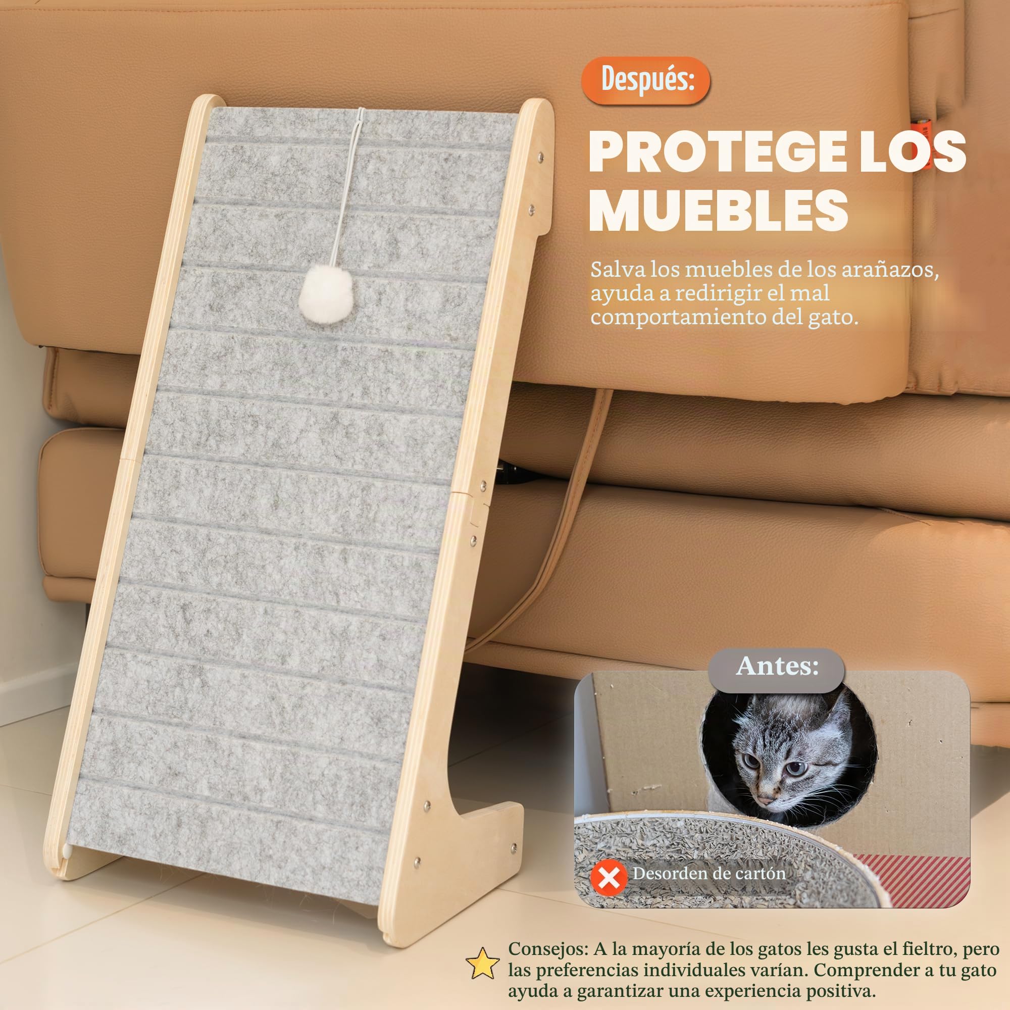 PETKARAY Rascador para Gatos de Fieltro con Forma de L, Alfombra Rascadora Antiarañazos con Bola de Juguete, Plataforma Rascadora sin Grietas, Gris Claro