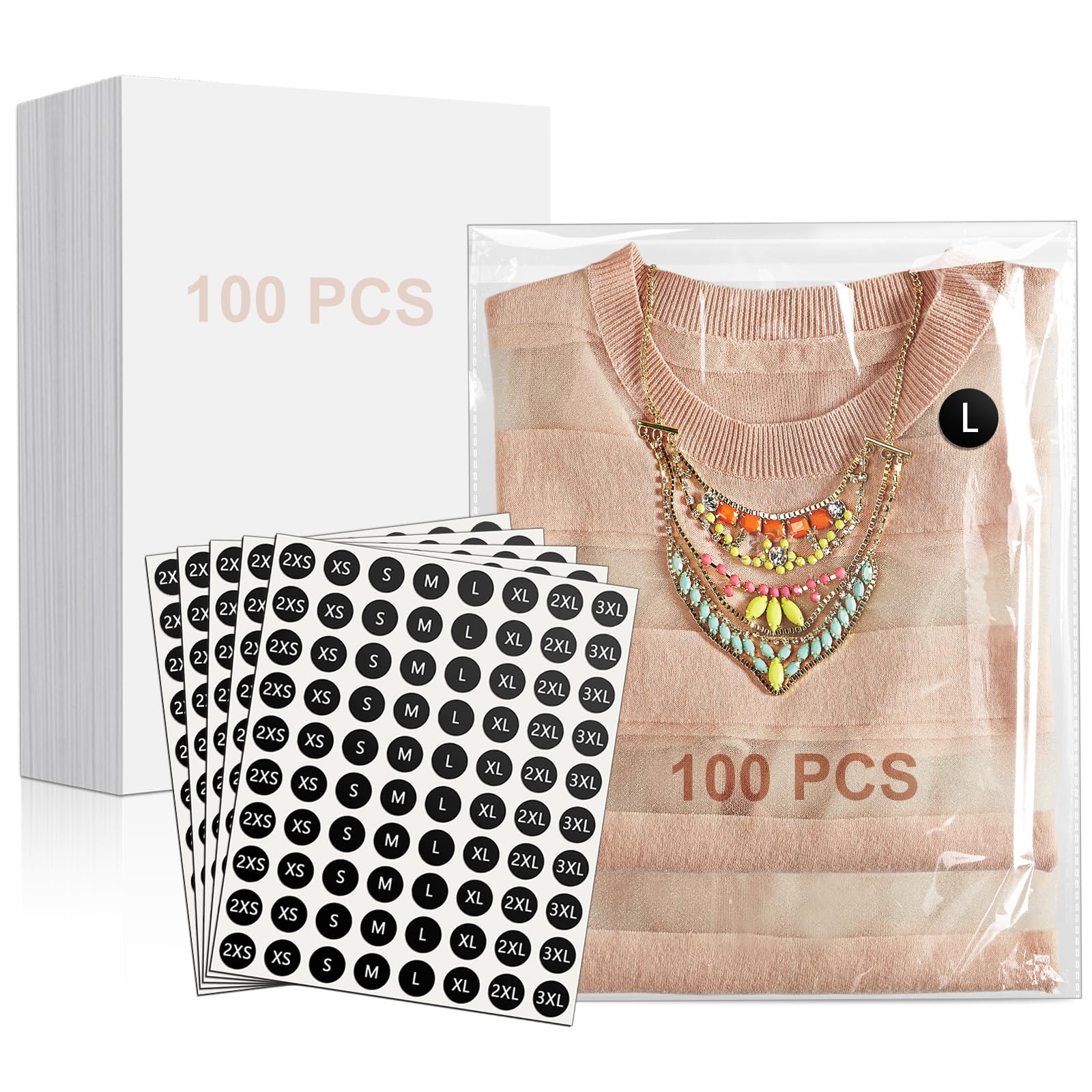 100PCS 10"x13" T-shirt Packaging Bags with Cardboard and Clothing Size Stickers, Thick Clear Plastic Cellophane Tee Shirt Packing Wrapping Clothes