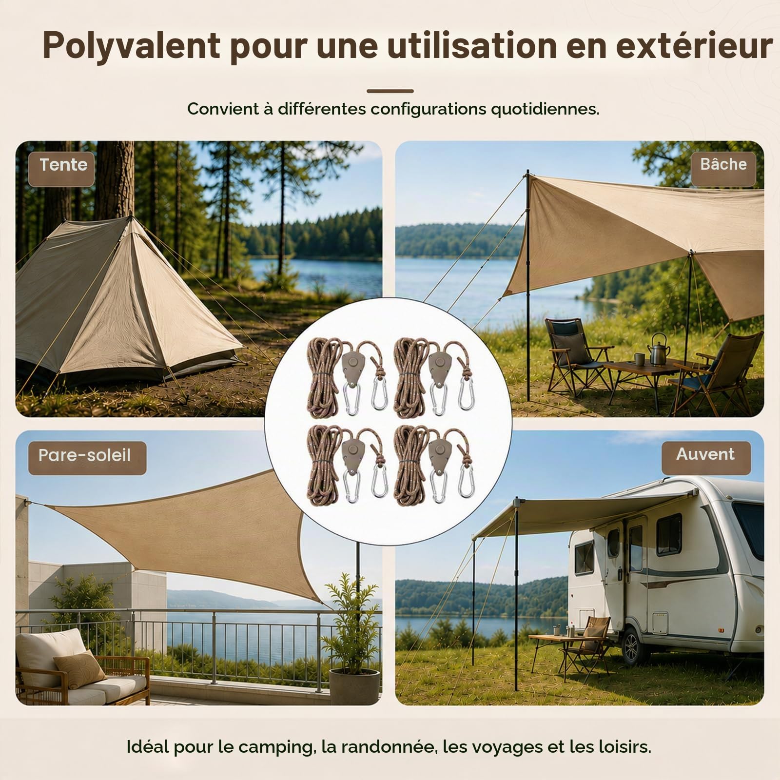 Corde pour auvent avec Crochet et tendeur, 4 m – Sangle à cliquet réfléchissante et réglable pour Lampes de Culture, voiles d'ombrage et auvents de Camping-Car