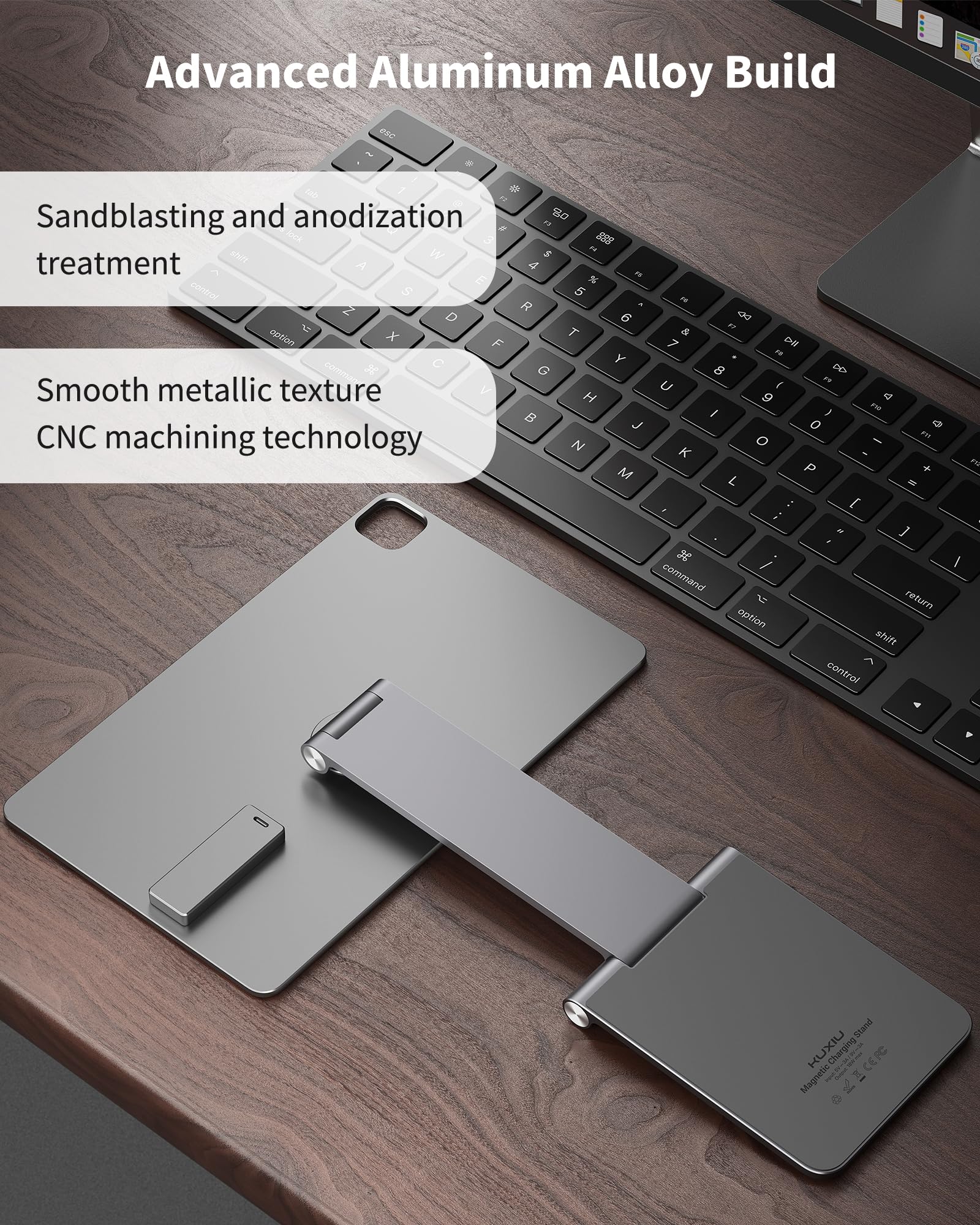 KU XIU X33 PRO MAX Soporte de Carga Inalámbrica Magnética Solo para iPad Pro 11" M4 2024, Soporte de Aluminio Plegable, Soporte Ajustable 360° para Escritorio con Cable USB-C de 1M para iPadPro 11" M4