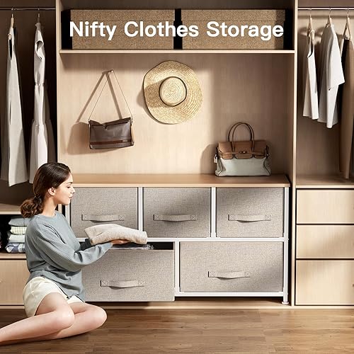 Miniatura 5 de Pipishell Cómoda de tela, cómoda para dormitorio con 5 cajones, unidad organizadora de torre de almacenamiento ancha con parte superior de madera y