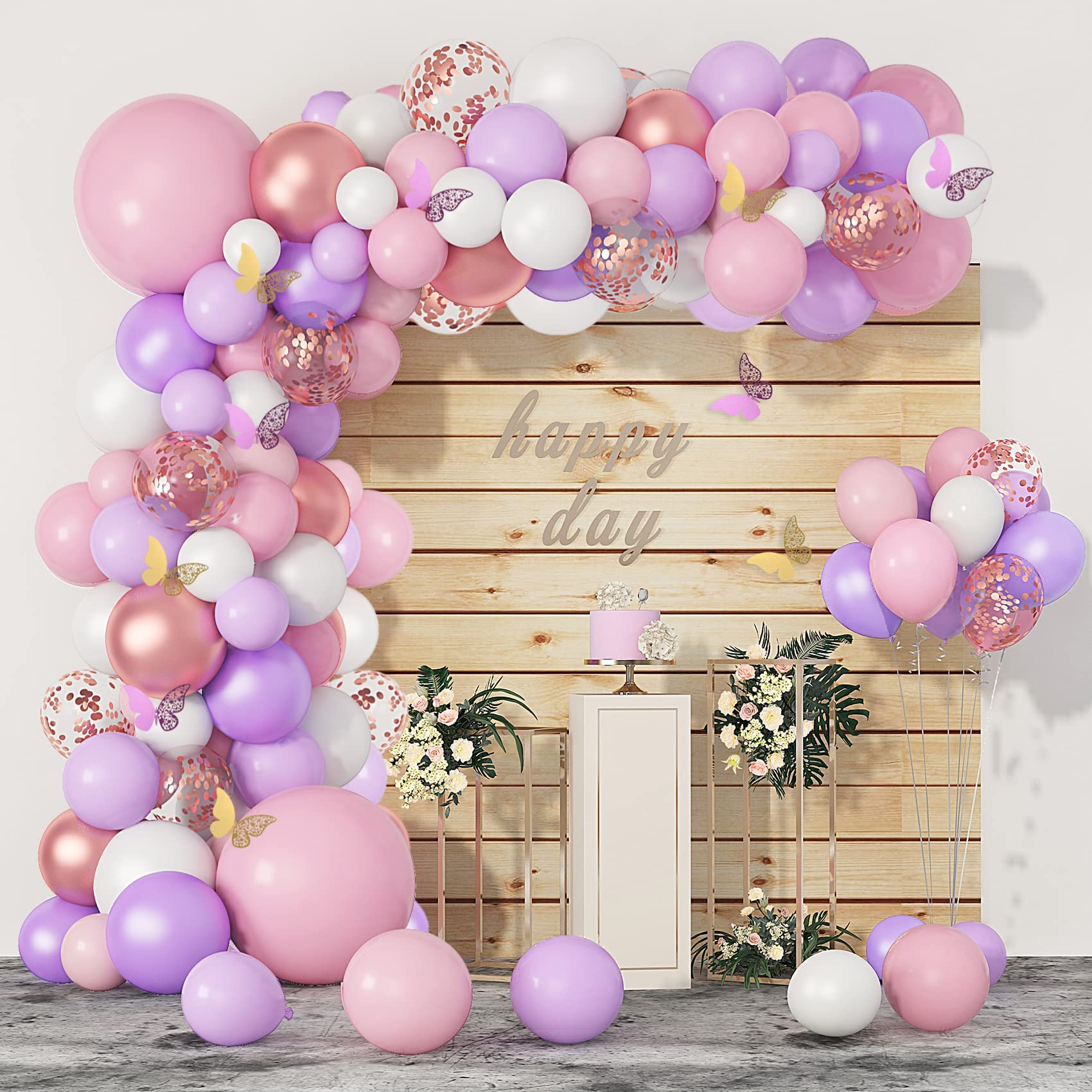 Excefore 121 Pcs Butterfly Birthday Party Decorations Set, Rose Gold, White, Pink & Purple Balloons Arch Garland Kit, Confetti Foil Balloons Banners for Girls