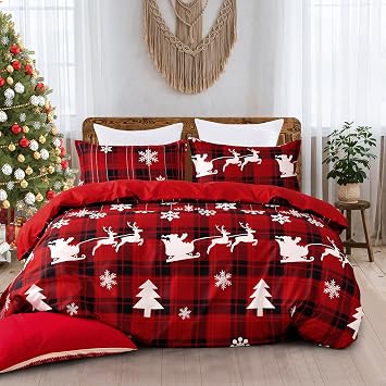 Christmas Queen Comforter Set 7 Pieces, Red Buffalo Plaid Bed in a Bag, Santa Claus Reindeer Snowflake Pattern, Soft Reversible Bedding Set Xmas Holiday Decor 90"x90"