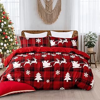 Christmas Duvet Cover Set King Size, 3 Pieces Red Buffalo Plaid Duvet Co...