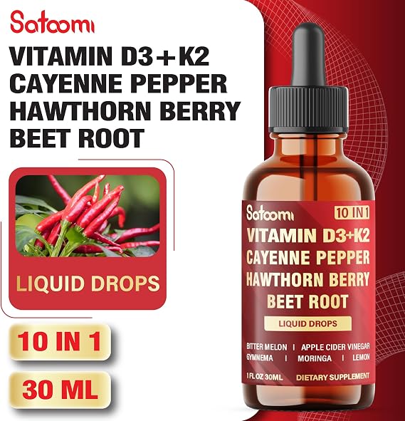 Satoomi 10in1 Cayenne Pepper Liquid Drops with Vitamin D3, Vitamin K2, Hawthorn Berry, Beet Root, Lemon, Apple Cider Vinegar, Gymnema, Moringa, Bitter Melon - Digestion Support - 30ml - 60 Day Supply