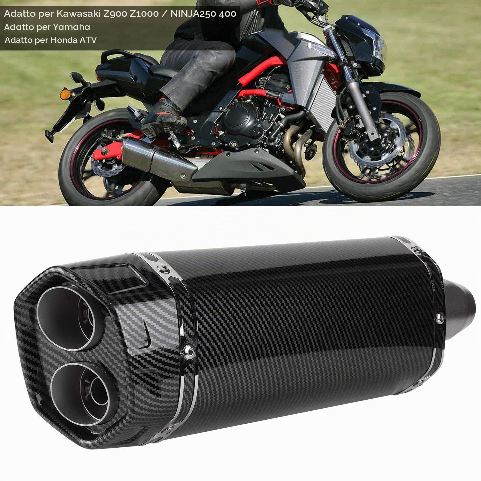 Akozon 36-51 mm / 1,4-2 pollici universale Tubo di scarico a doppia uscita per moto Silenziatore marmitta per Z900 Z1000 / 400