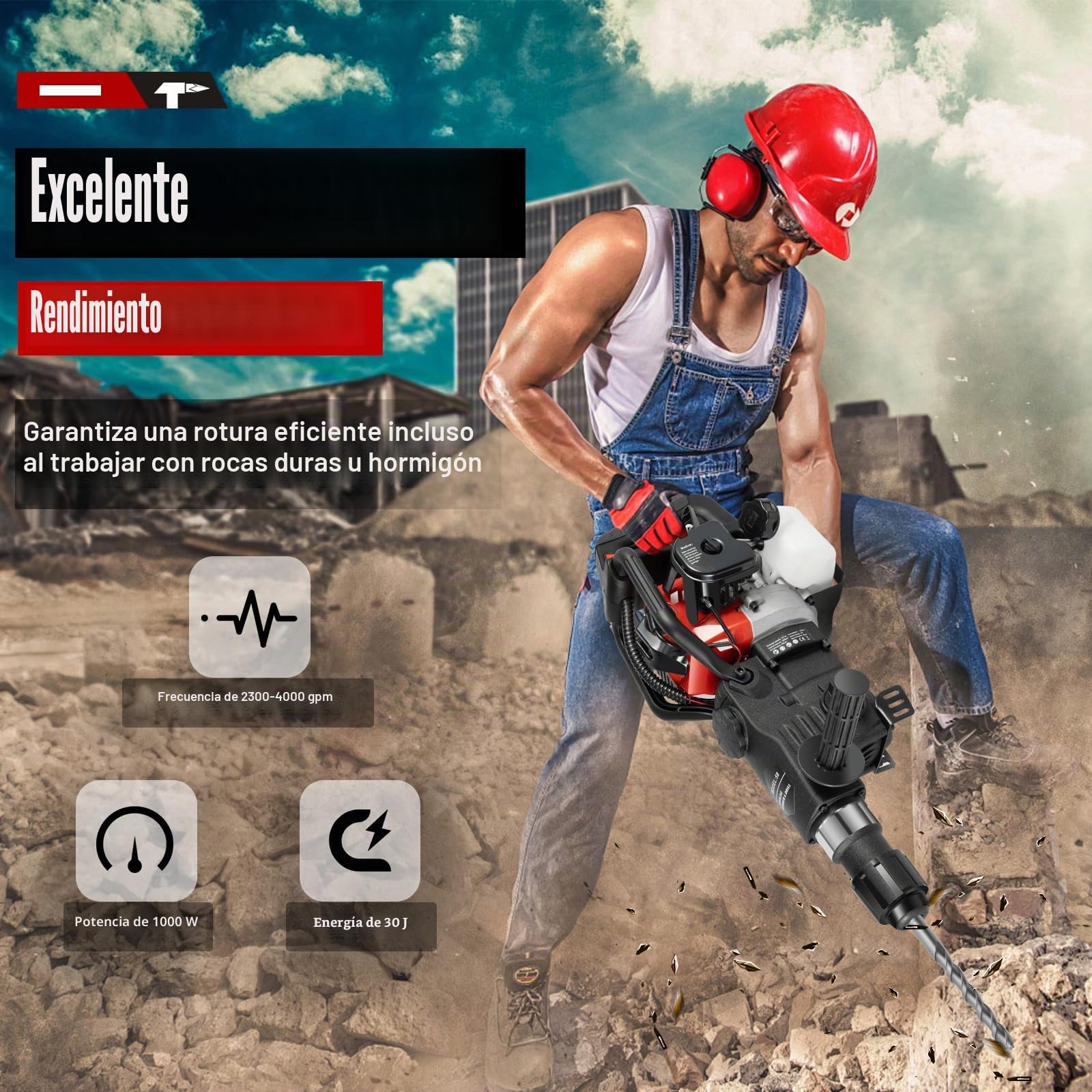 Martillo de demolición de gasolina, 33 CC, 2 tiempos, con 3 brocas y depósito de combustible, martillo cincelador moderno de 30 J, martillo perforador de 1000 W, martillo triturador de hormigón