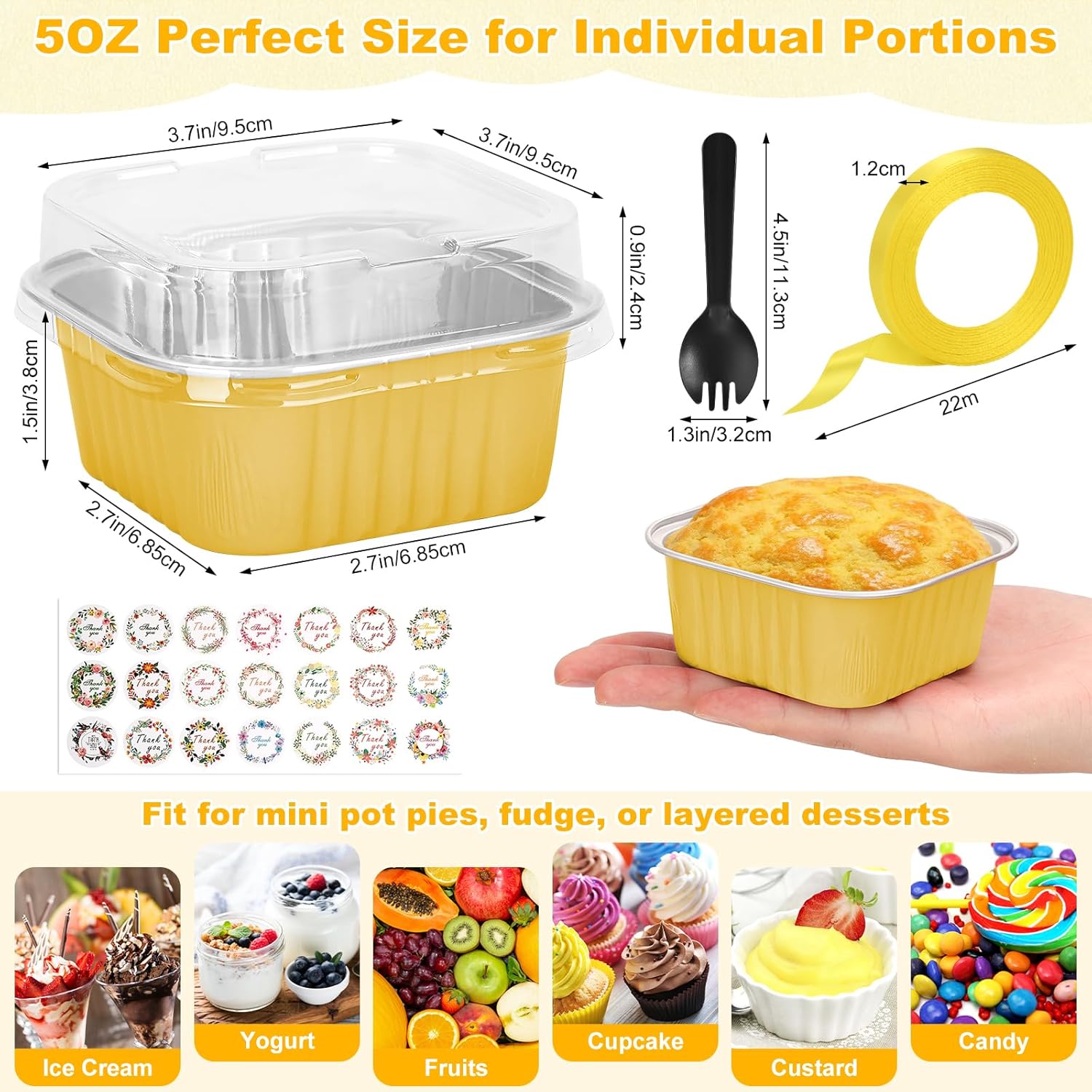 100 Pack Mini Cake Pans with Lids and Spoons, 5oz Square Aluminum Foil Loaf Pans Gold Small Cake Tins Disposable Baking Pans Dessert Cupcake Cups with Ribbon Decals for Wedding Birthday Party Picnics - Image 3