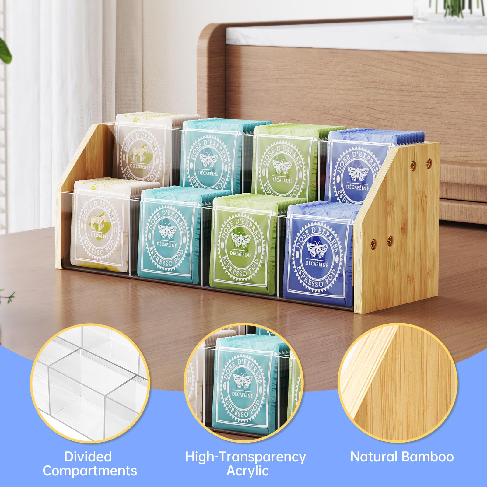 NiHome Organizador de bolsas de té de 2 niveles con paneles acrílicos transparentes y marco de bambú, 8 compartimentos que sostienen hasta 80 bolsas de té, soporte de té para ahorrar espacio para el