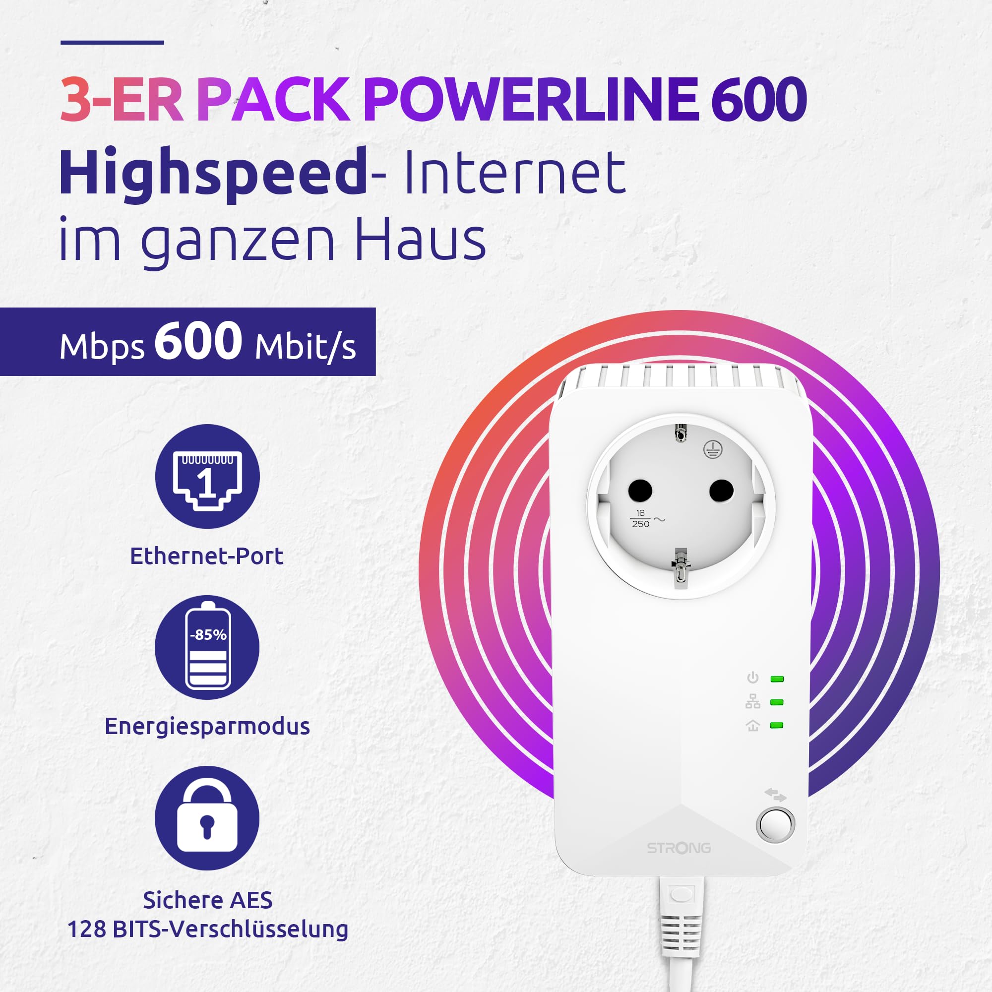 Strong - Powerline 600 Triple EU Set - 3 Powerline-Adapter 600 Mbps - Fast-Internetzugang - integrierte Steckdose - 300 m Reichweite - Für alle Router - LAN-Anschluss - Easy-Installation - weiß