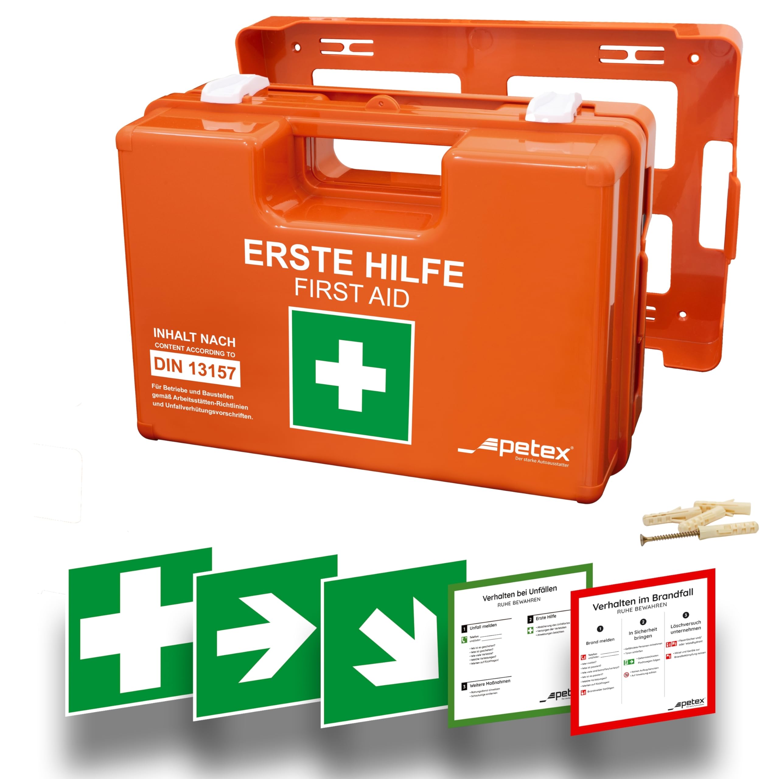 PETEX Betriebsverbandkasten Profi – Inhalt nach DIN 13157:2021, inkl. Wandhalterung und 5 Aufkleber