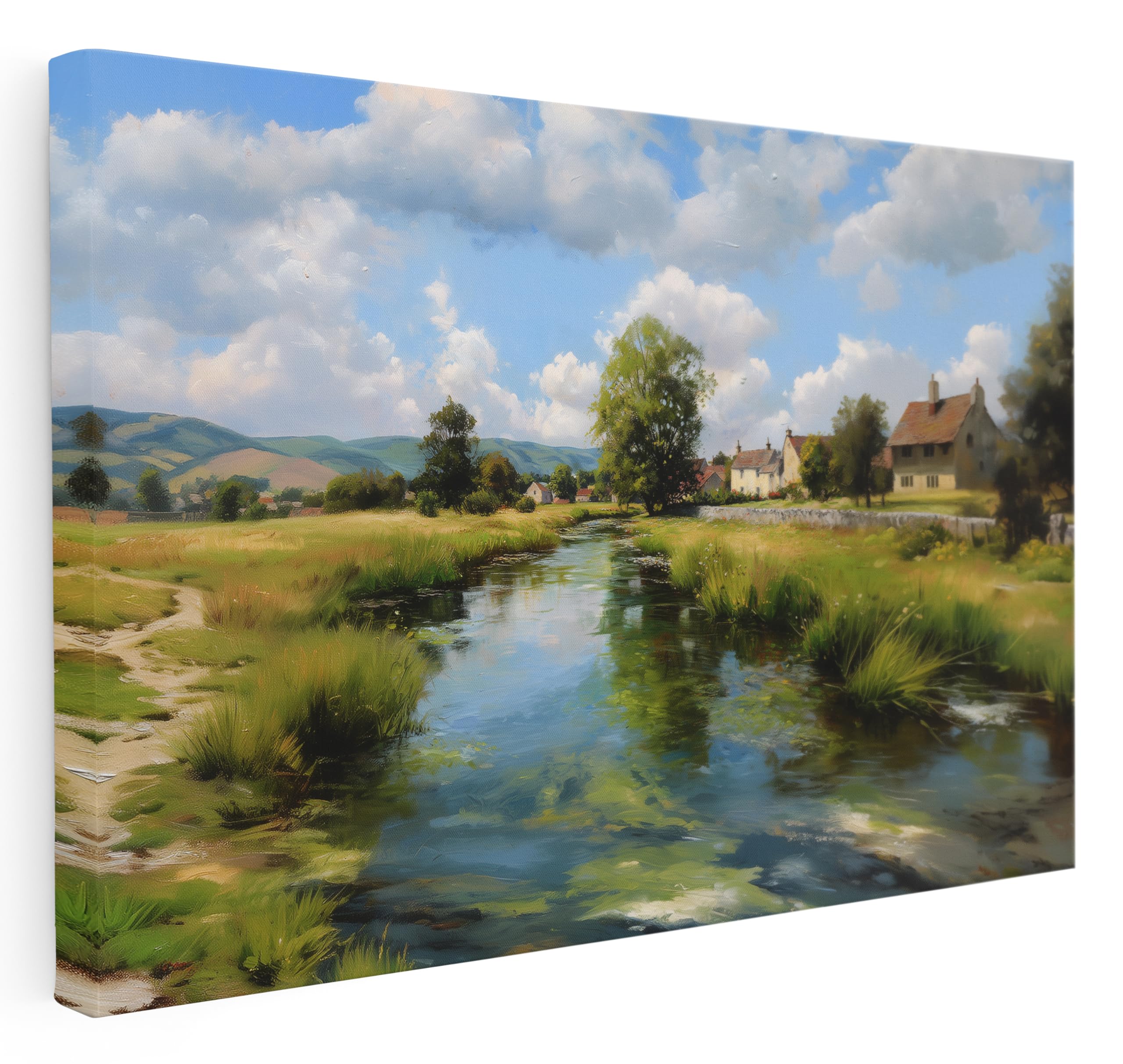 Pastello English Countryside Cotswolds River Walks Canvas Wall Art – Wall Art Print for Living Room, Bedroom, Office, Framed Artwork - Ready to hang (87cm x 61cm / 34x24inch)