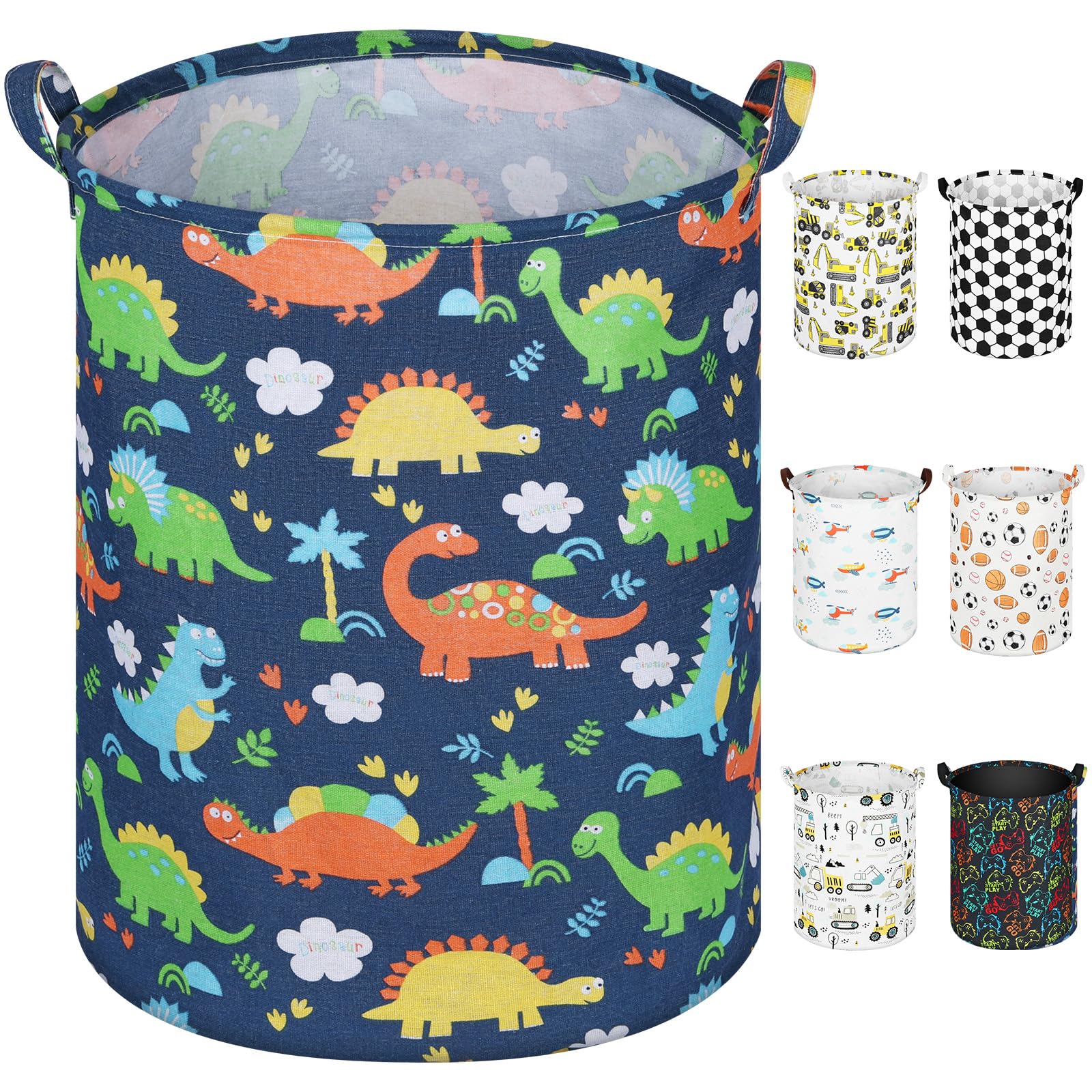 AUAUY Toy Storage Basket for Kids, Round Foldable Toys Hamper with Handles, Large Waterproof Storage Laundry Hamper, Toy Organizer for Dorm Bathroom Bedroom Living Room Nursery, 40 * 50CM (Dinosaur)