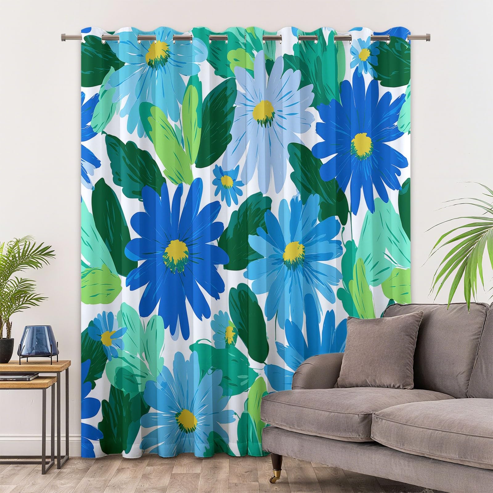 Bezszwowe kwiaty malowane olejnie zasłony na prezent do nowego domu 140 x 300 cm niebieski - eleganckie i praktyczne zasłony zaciemniające, zestaw 2 paneli idealny na ślub, urodziny lub przeprowadzkę