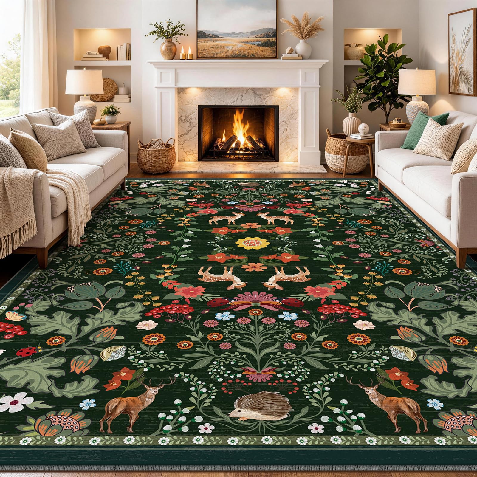 FVVRAX Rugs Living Room 160×230 cm, Dark Green Large Rugs for Bedroom, Non-Slip Backing Animal Boho Rug for Kitchen Nursery, Soft Short Pile Animals Design Carpet