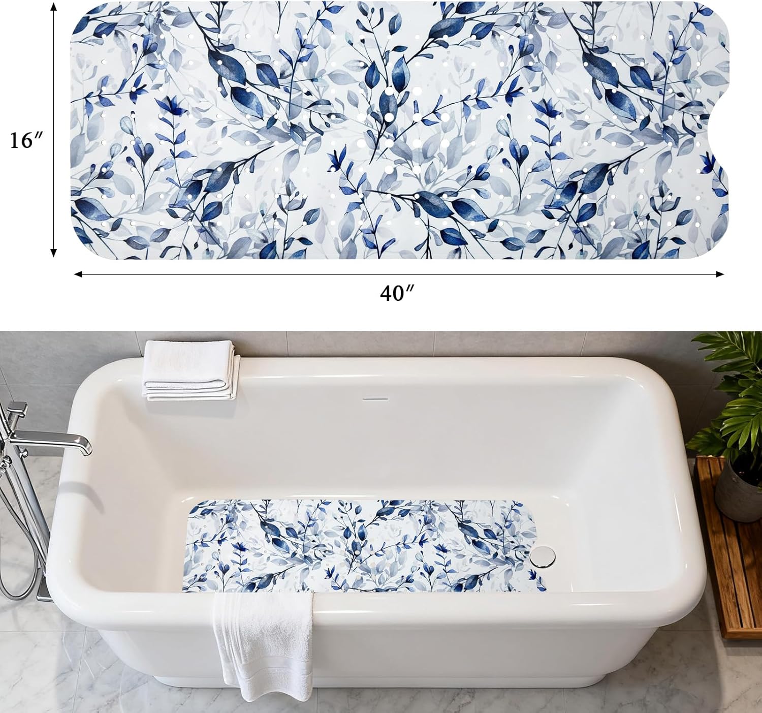 Bathtub Mat Non Slip 40x16In Extra Long Leaf Bath Mat for Tub Decorative Bath Tub Mat with Drain Holes Suction Cups Floral Bathroom Decor Eucalyptus Tropical Leaves Shower Mats for Inside Shower Blue