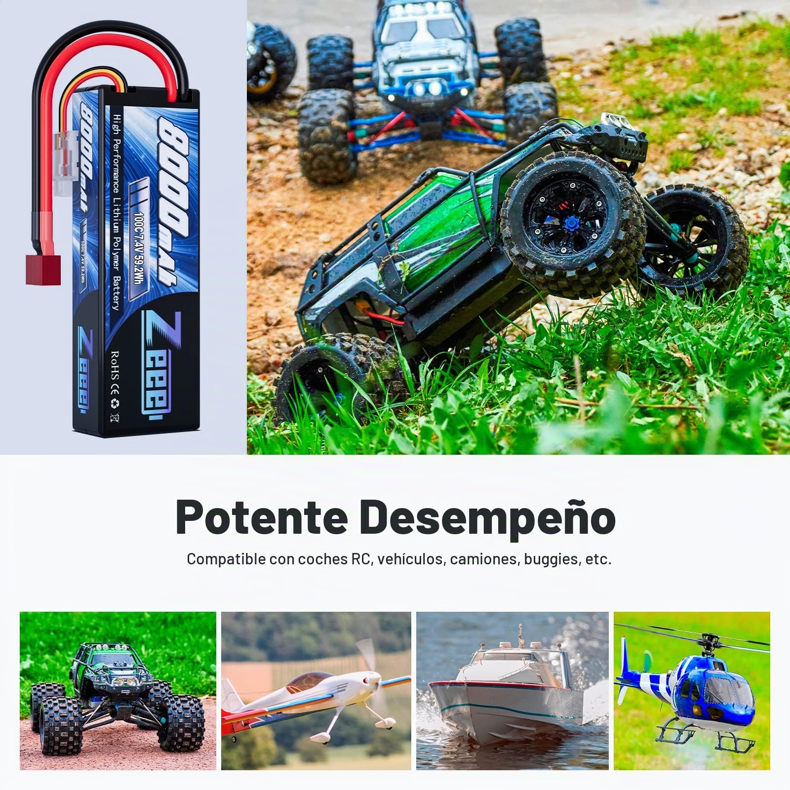 Zeee 2S Lipo Batería 7.4V 8000mAh 100C Hardcase Batería con Conector T