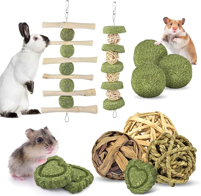 ERKOON Bunny Chew Toys, 11 Pcs Small Animals Teeth Toy, Rabbit Boredom Breaker, Sepak Takraw, Straw Cracker Ball Bell Roller Teeth Care Molar Toy for Rabbit, Guinea Pig, Chinchilla, Hamster