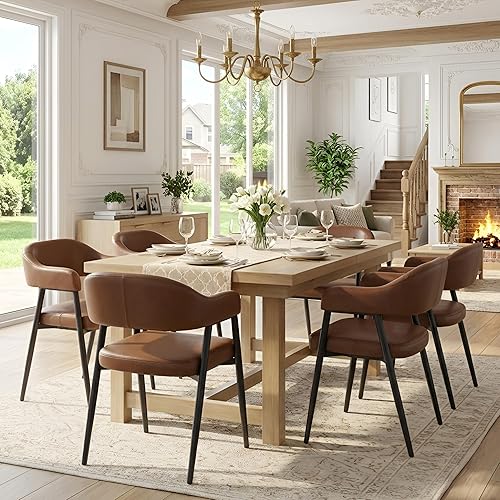 HNY Juego de 6 sillas modernas de comedor con brazos, sillas de comedor de barril tapizadas en piel sintética retro con brazos, silla de acento