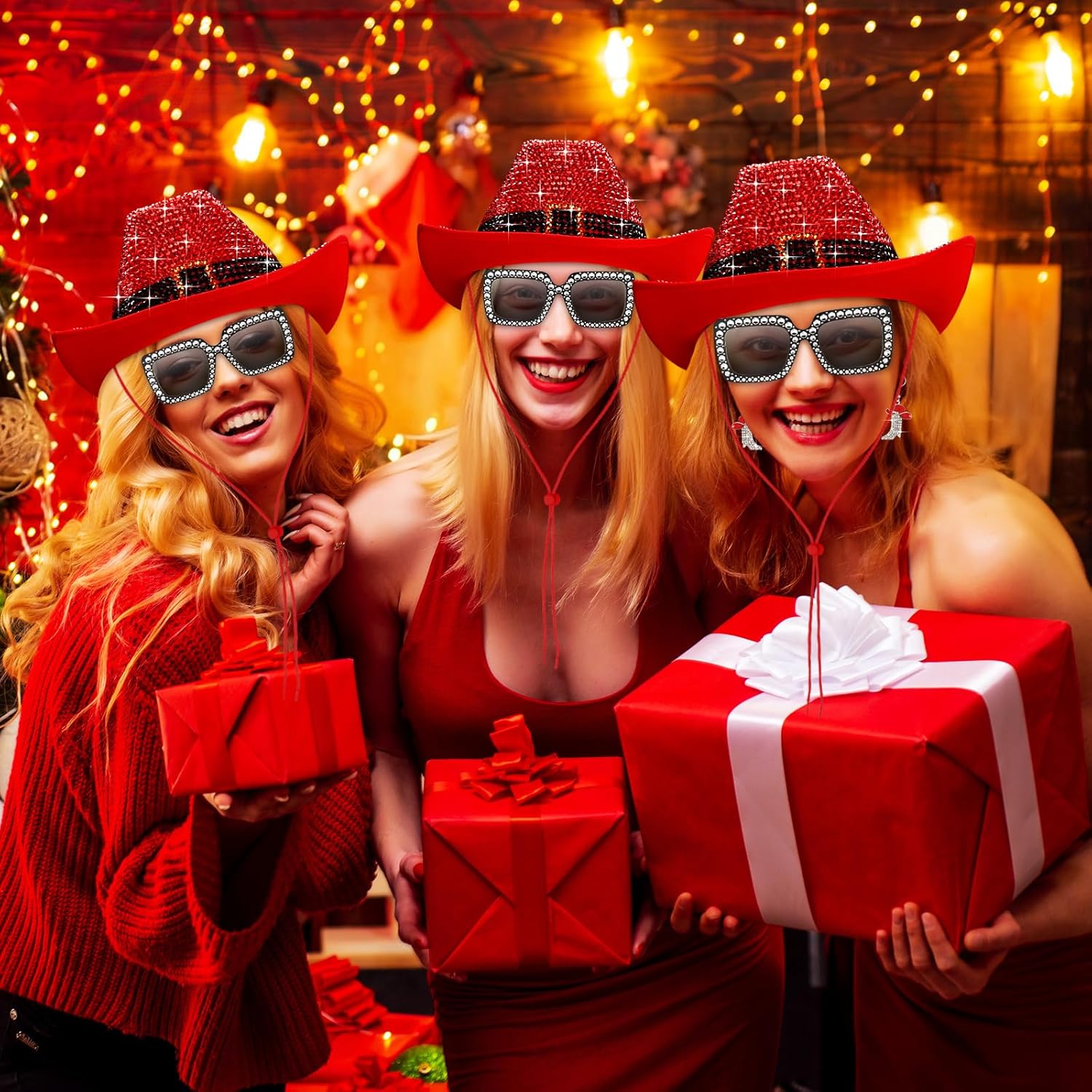 3 Pcs Christmas Rhinestone Western Cowgirl Costume Sets for Women Red Cowboy Rhinestone Hat Cowgirl Earrings Boots Sunglasses Western Christmas Party Rodeo Outfit Accessories - Image 4